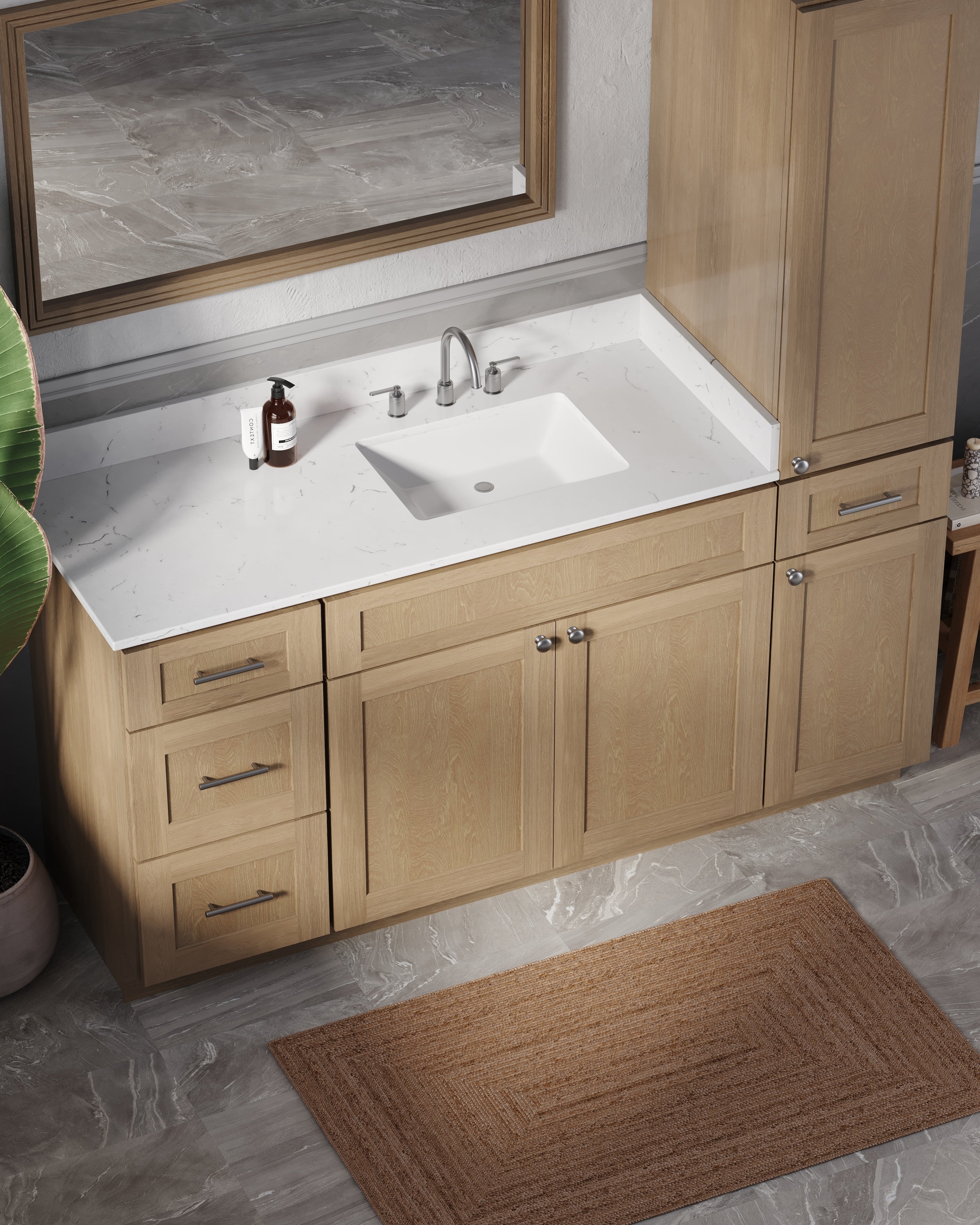 Disar 66'' Single Bathroom Vanity With Right Linen Tall Cabinet Dovetail Solid Wood Drawer Carrara Quartz Top