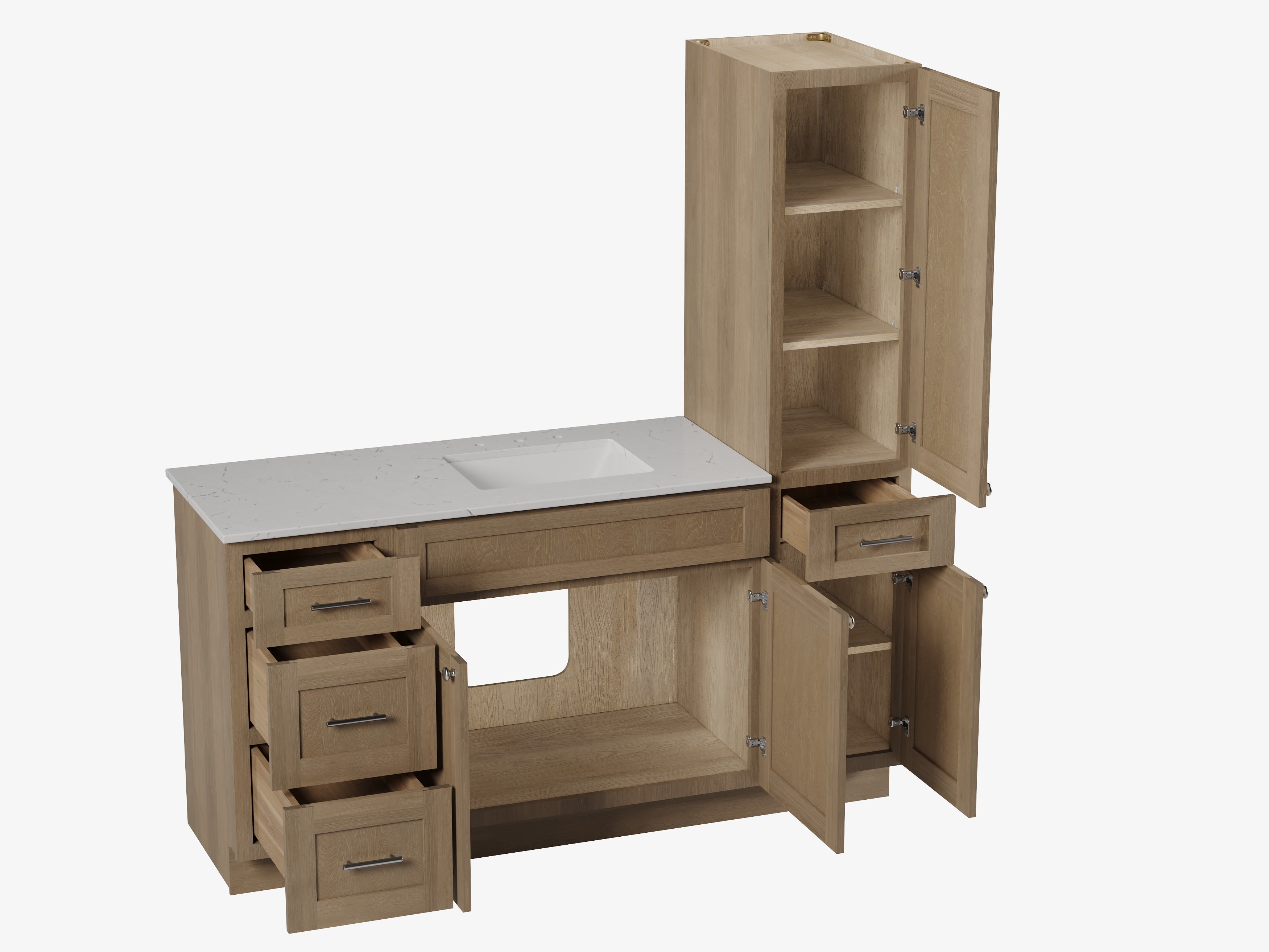 Disar 66'' Single Bathroom Vanity With Right Linen Tall Cabinet Dovetail Solid Wood Drawer Carrara Quartz Top