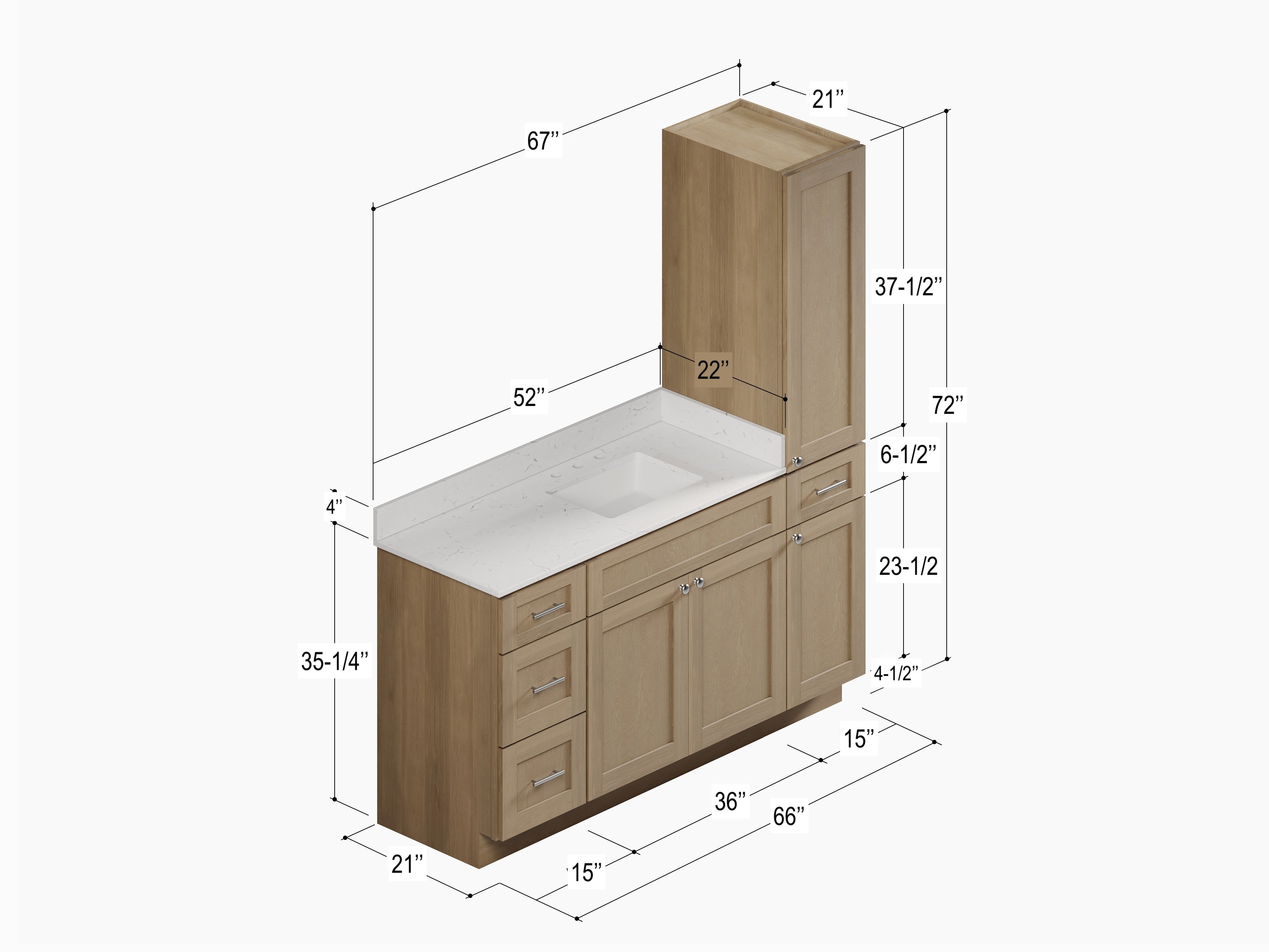 Disar 66'' Single Bathroom Vanity With Right Linen Tall Cabinet Dovetail Solid Wood Drawer Carrara Quartz Top