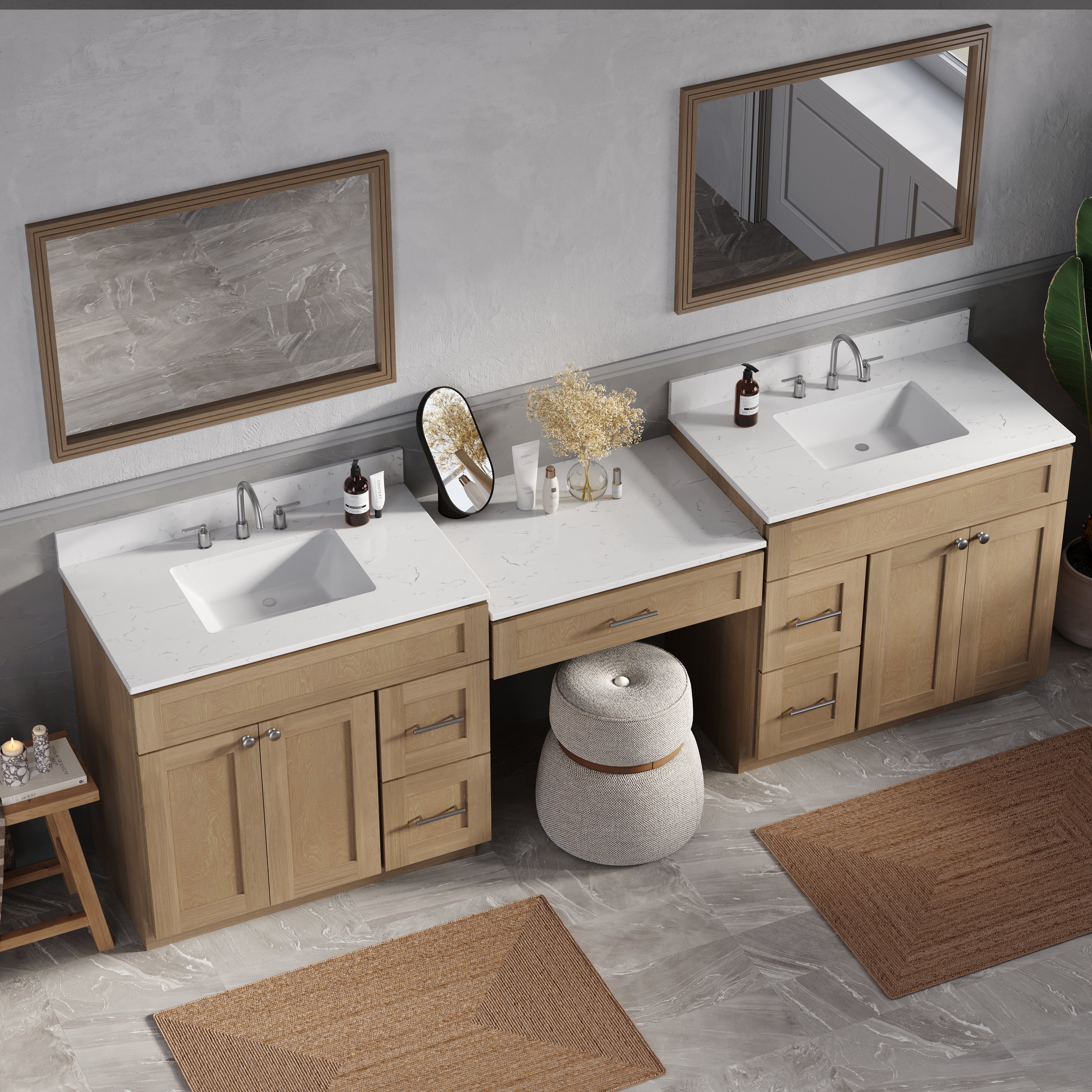 103'' Double Bathroom Vanity with Quartz Top, 5 Drawers