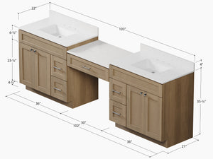 103'' Double Bathroom Vanity with Quartz Top, 5 Drawers