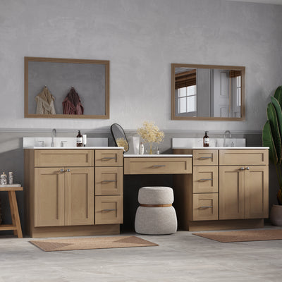 [color:Natural Oak] 103" Double Bathroom Vanity Desk with Quartz Top, 7 Drawers - Natural Oak finish view