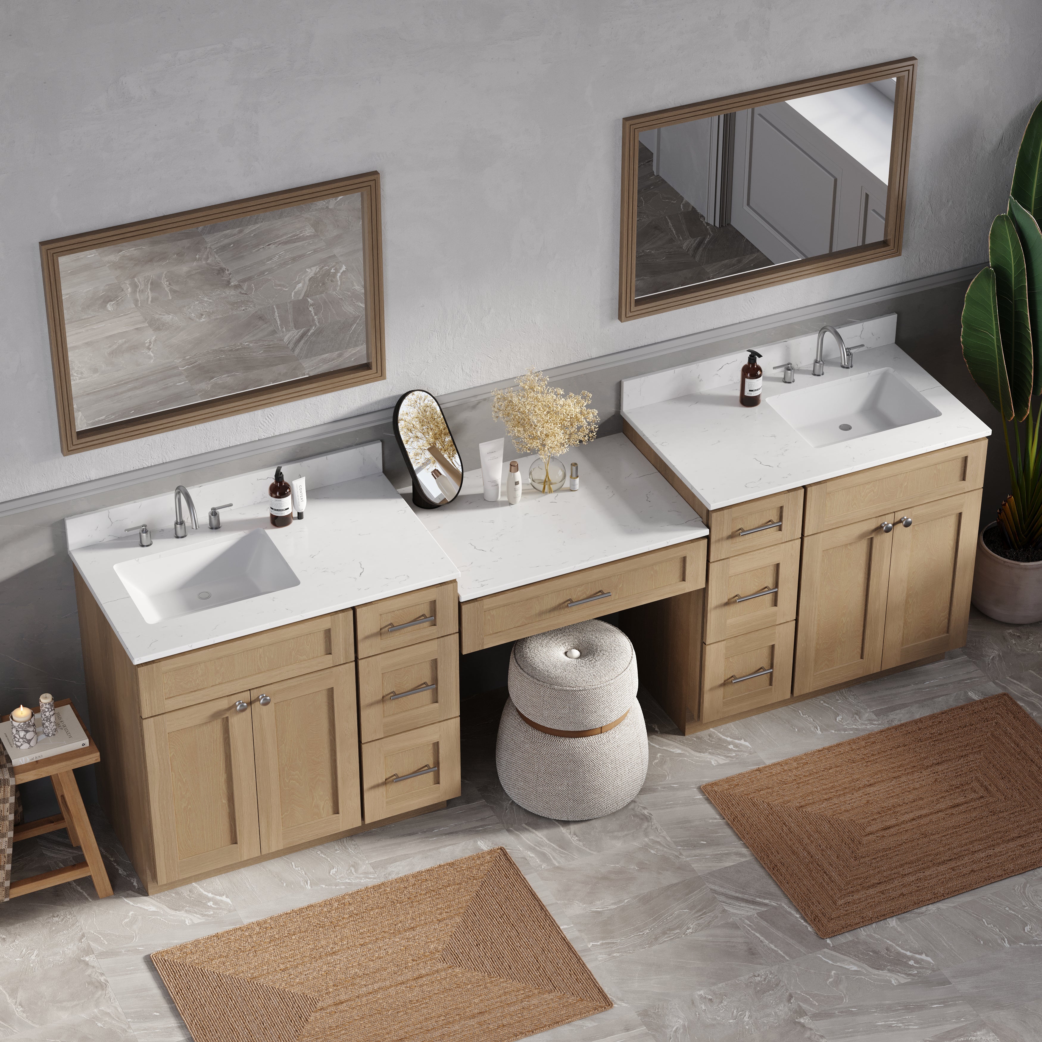 103'' Double Bathroom Vanity with Quartz Top, 7 Drawers