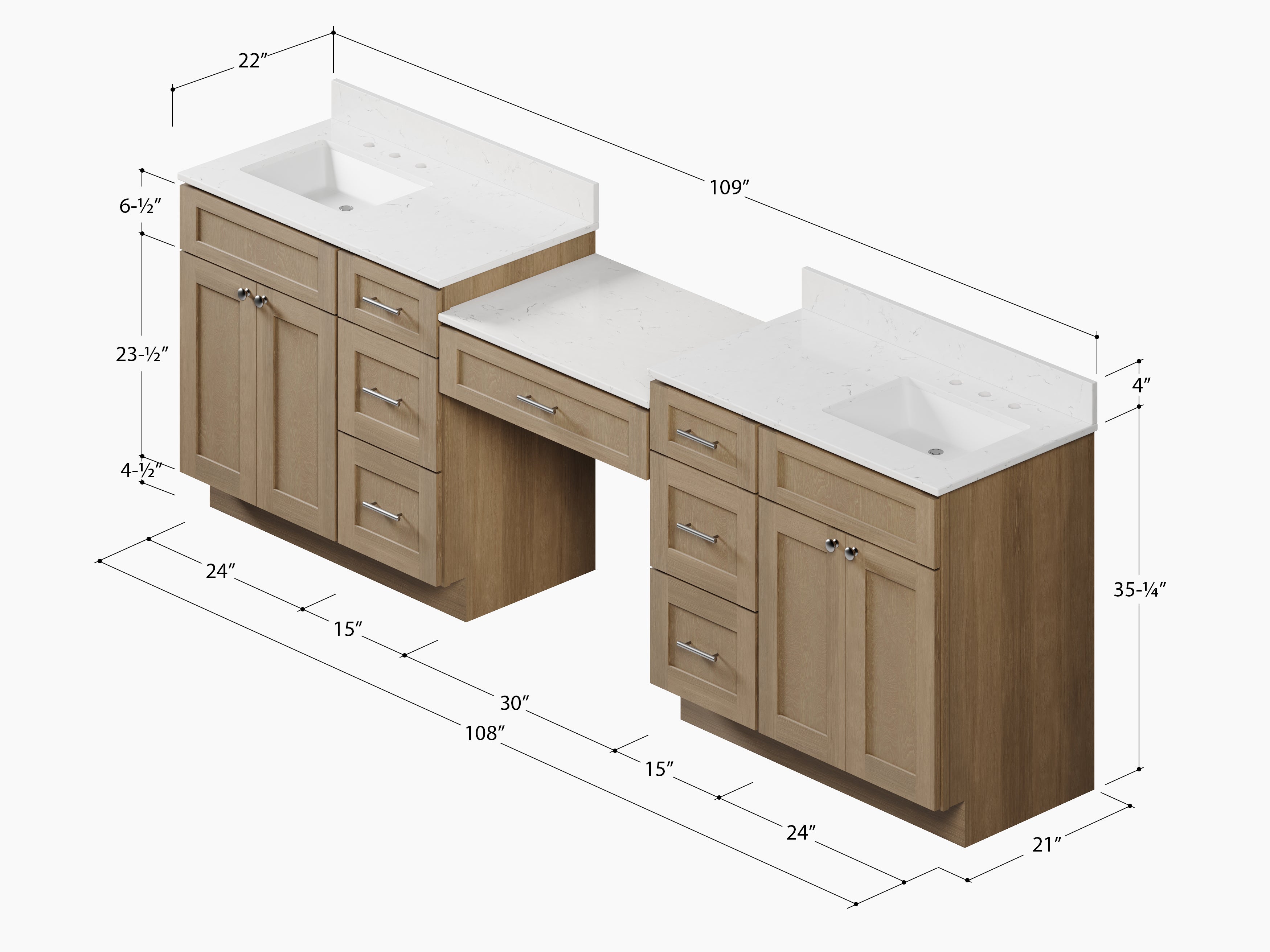 108'' Double Bathroom Vanity with Quartz Top, 7 Drawers