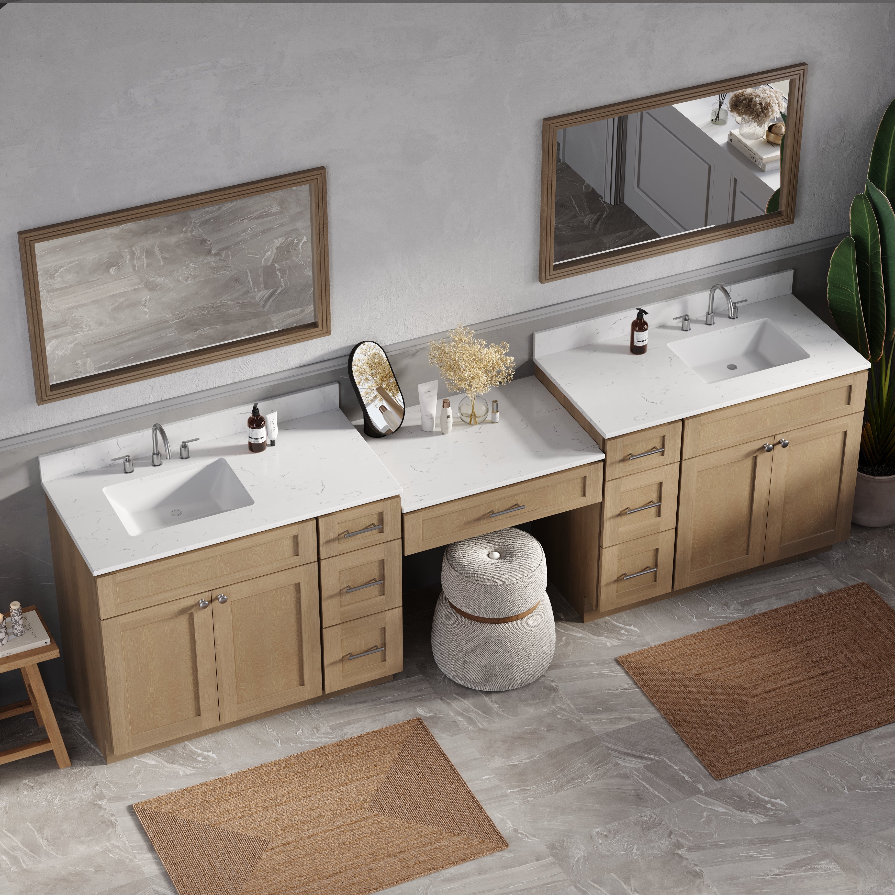114'' Double Bathroom Vanity with Quartz Top, 7 Drawers