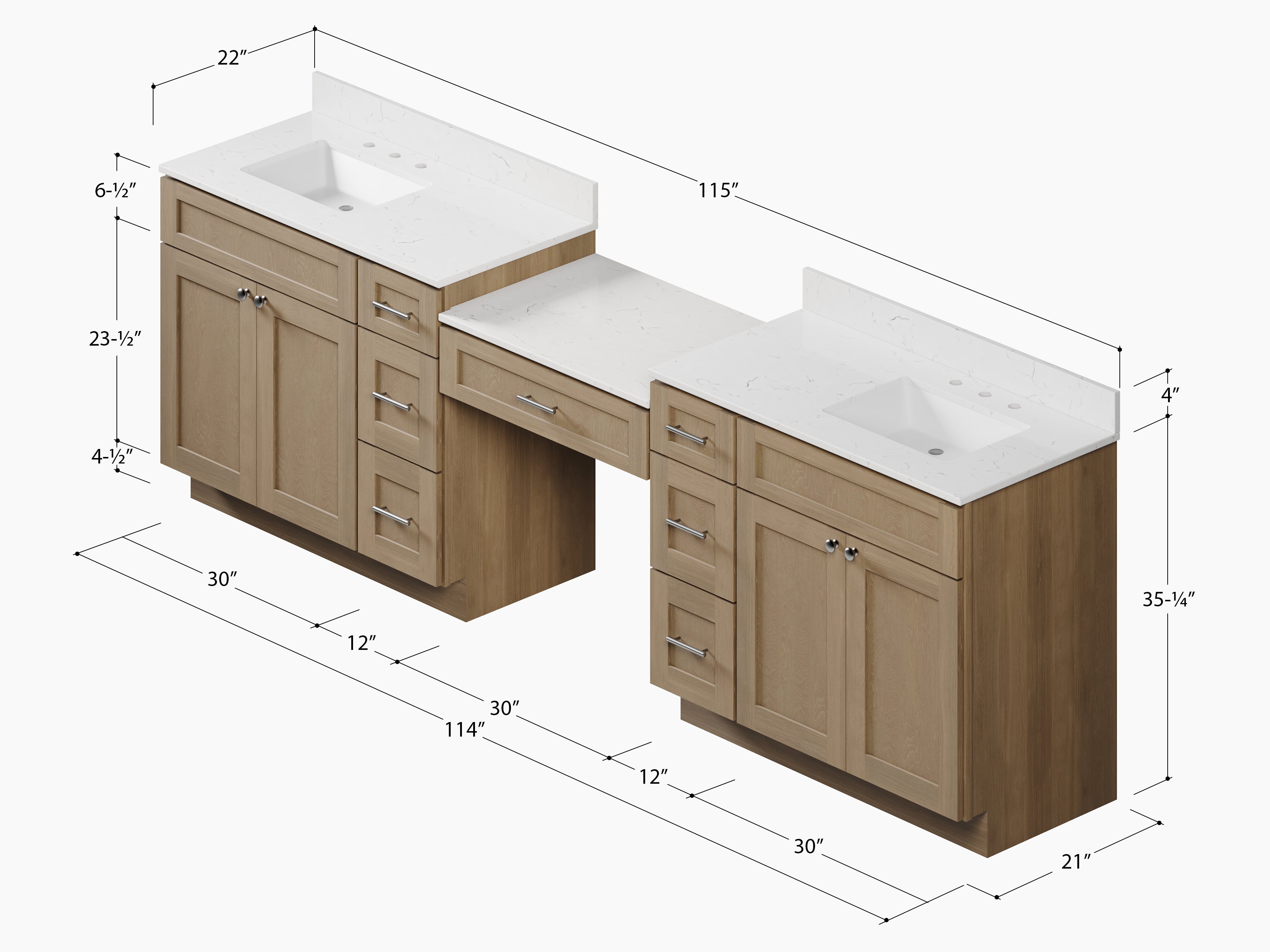 114'' Double Bathroom Vanity with Quartz Top, 7 Drawers