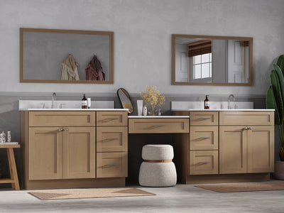[color:Natural Oak] 132" Double Bathroom Vanity Desk With Quartz Top, 7 Drawers - Natural Oak finish view