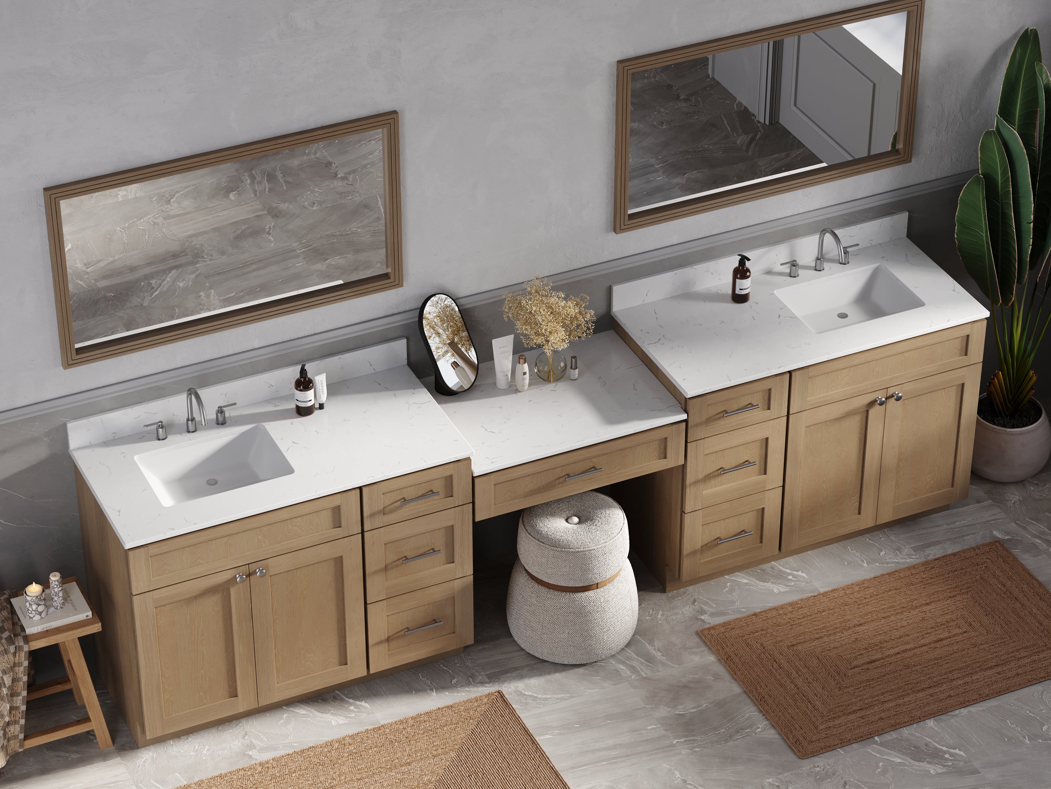 Disar 132'' Double Bathroom Vanity Desk With Carrara Quartz Top, 7 Drawers