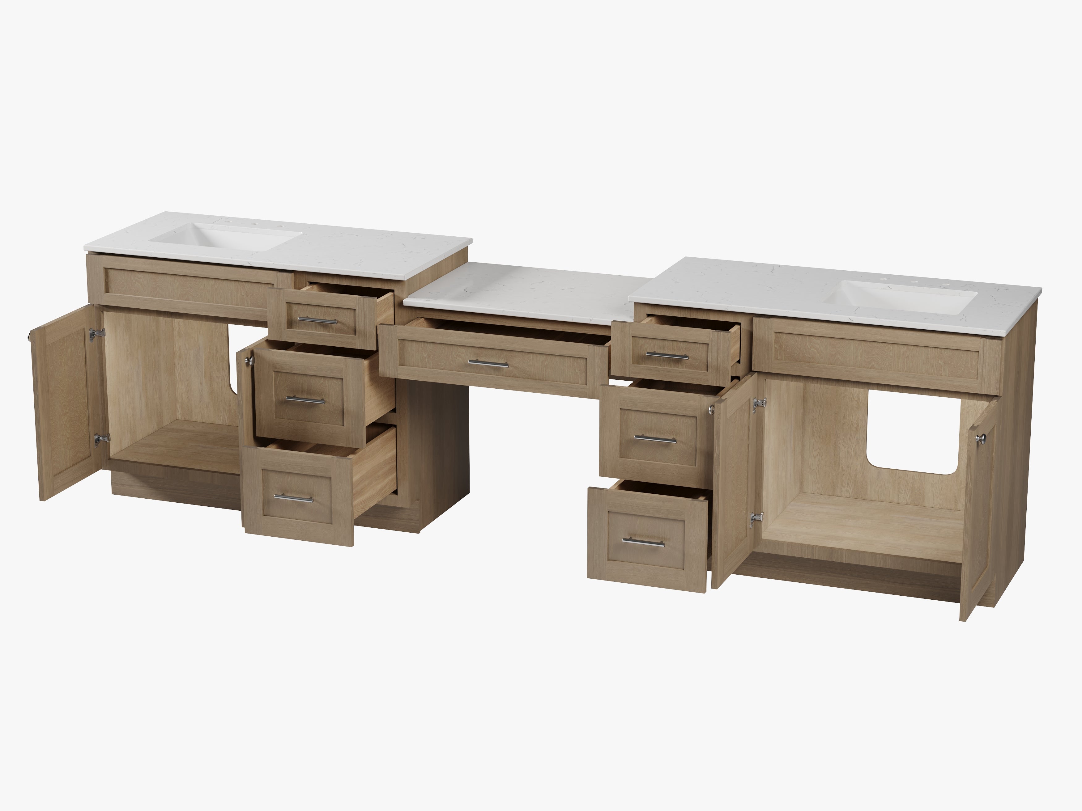 Disar 132'' Double Bathroom Vanity Desk With Carrara Quartz Top, 7 Drawers