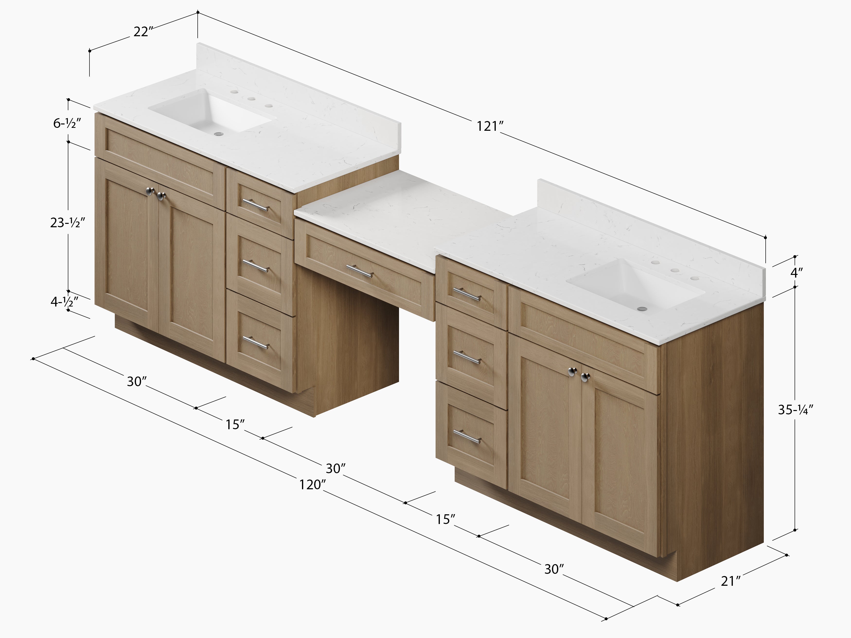Disar 120" Double Bathroom Vanity Desk With Carrara Quartz Top 7 Drawers