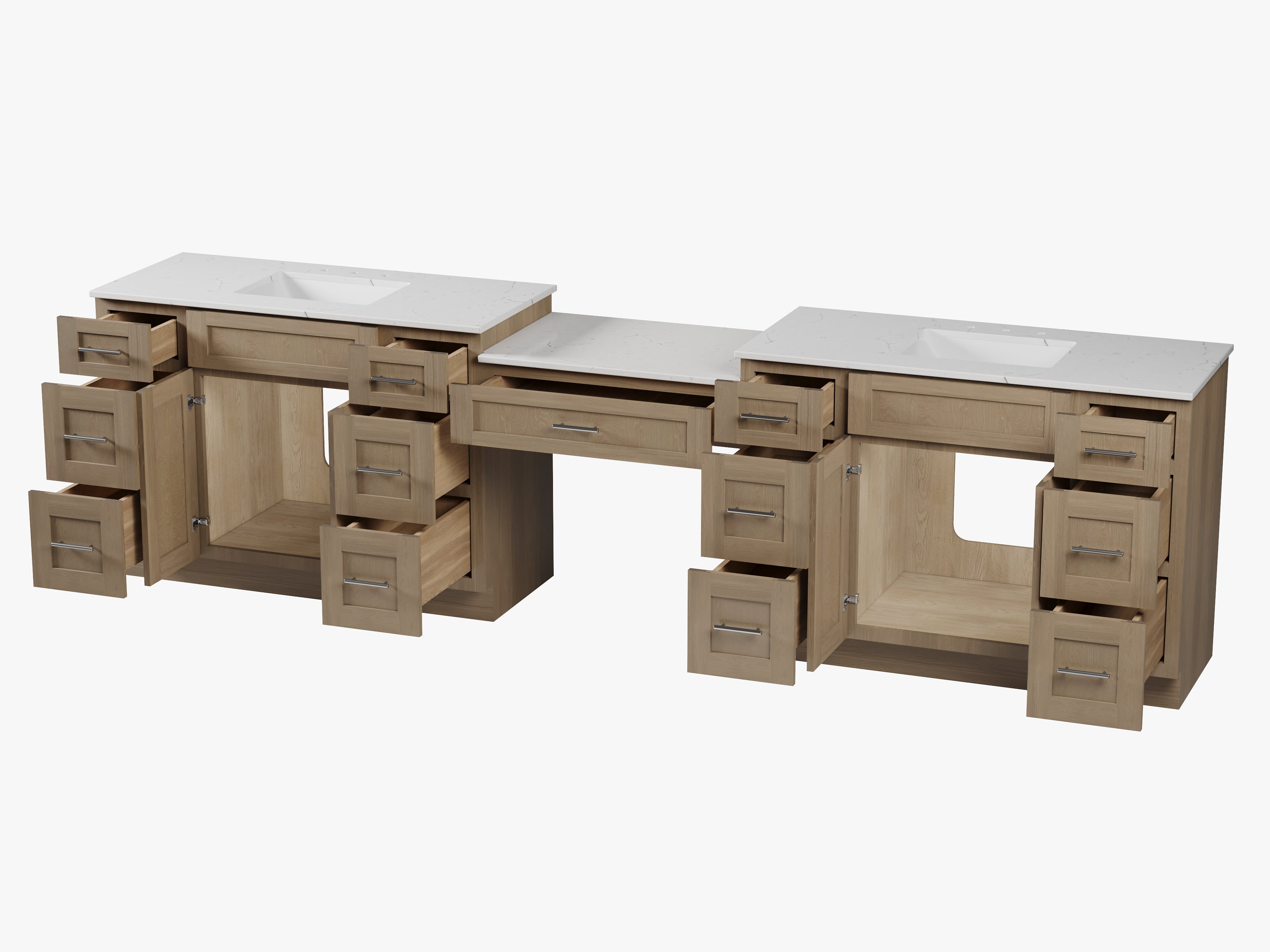 Disar 132'' Double Bathroom Vanity Desk With Carrara Quartz Top, 7 Drawers