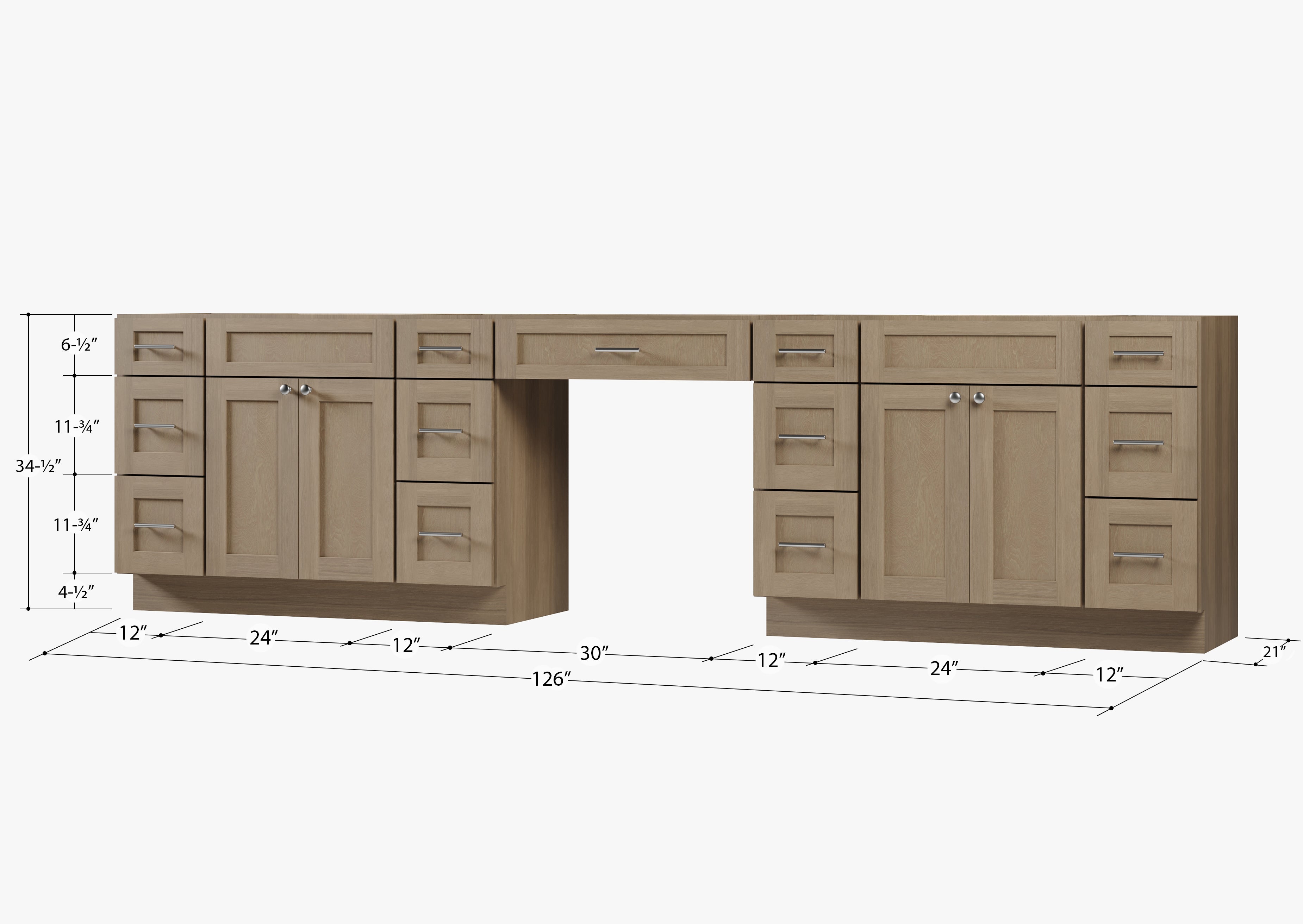 Disar 126'' Double Bathroom Vanity With Desk Dovetail Solid Wood Drawer Base Only With 13 Drawers