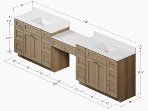 Disar 132'' Double Bathroom Vanity Desk With Carrara Quartz Top, 7 Drawers
