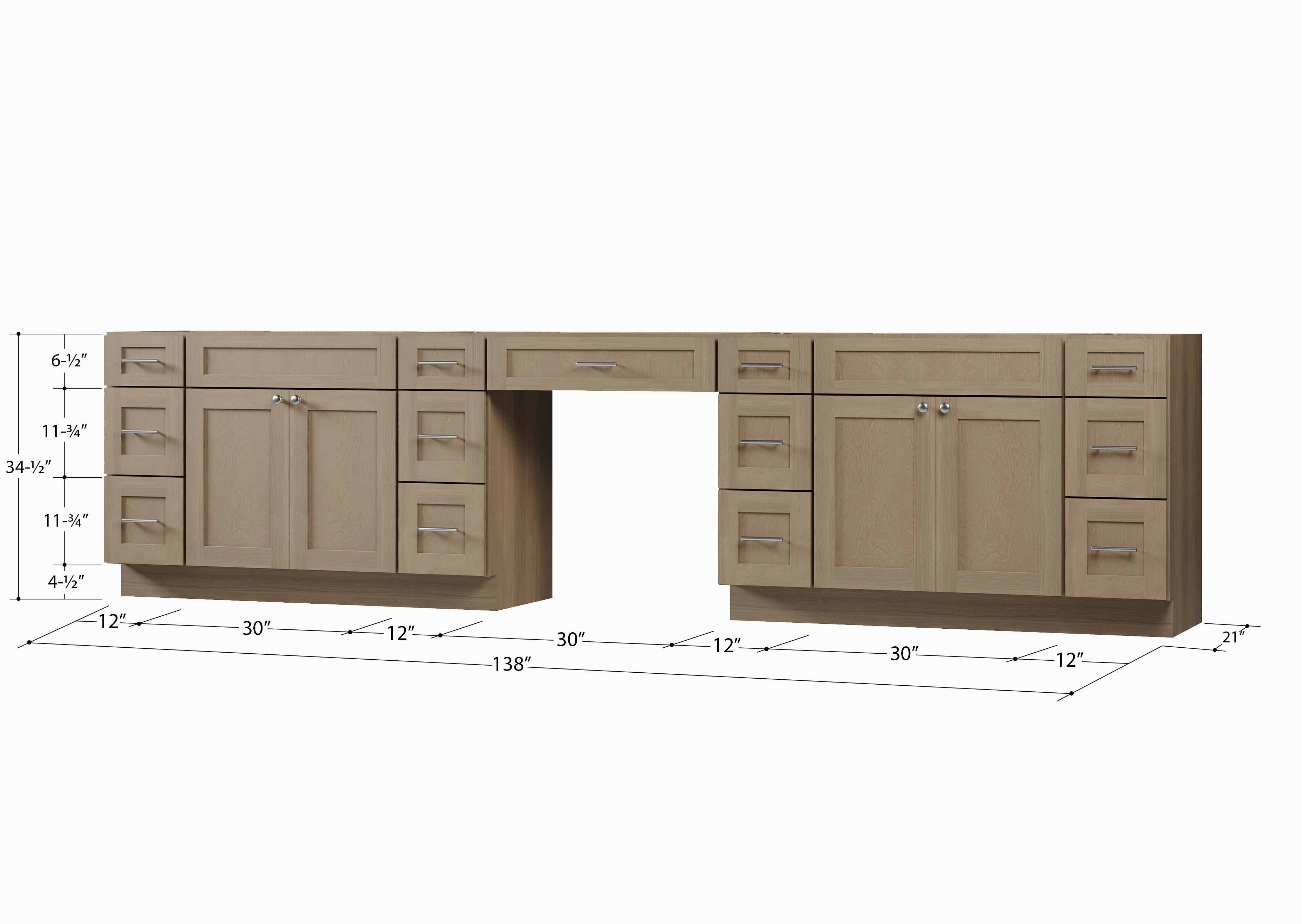 138'' Double Bathroom Vanity Base Only With 13 Drawers
