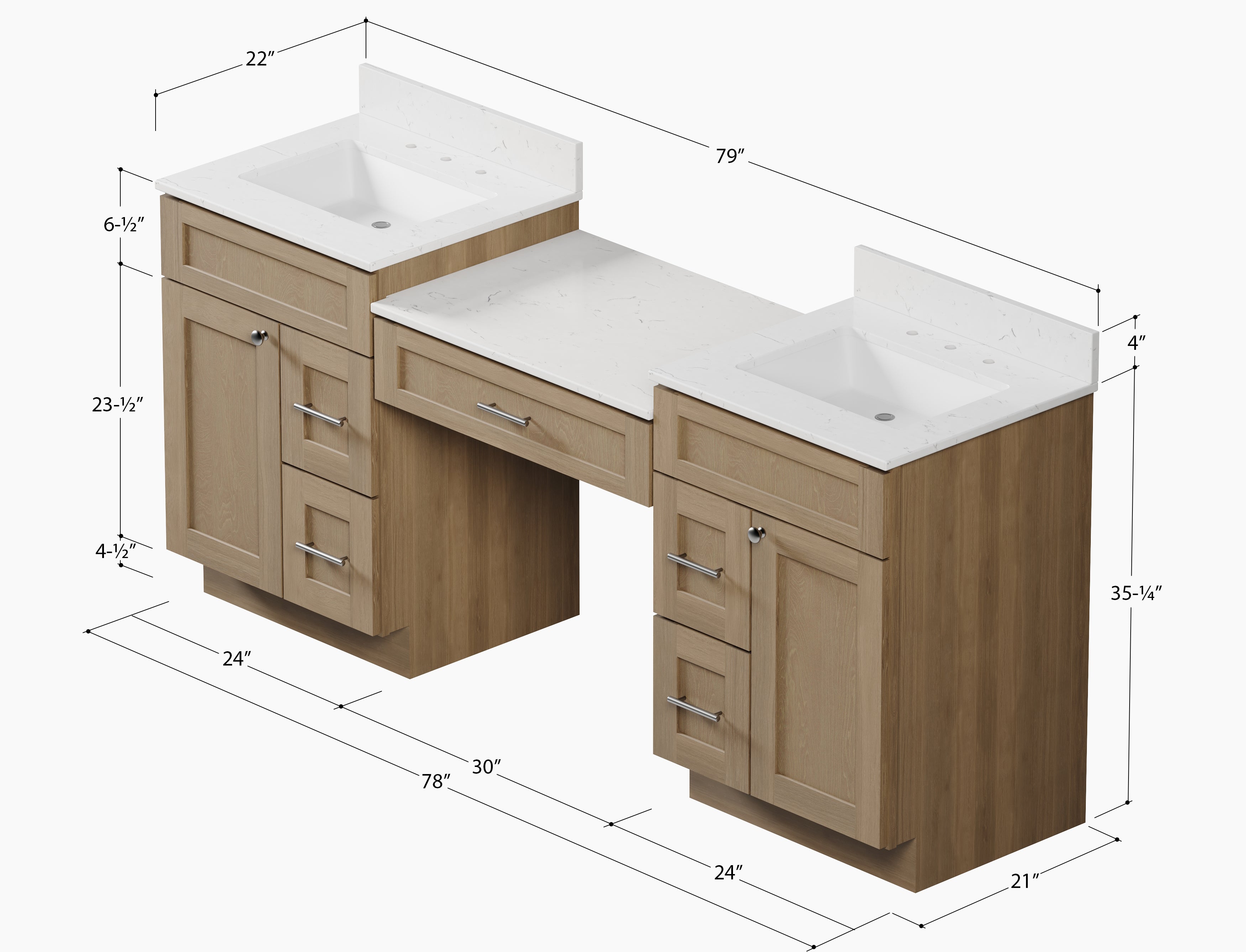 78'' Double Bathroom Vanity Desk  With Carrara Quartz Top, 5 Drawers
