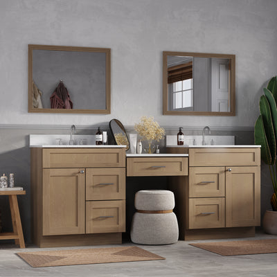 [color:Natural Oak] 84" Double Bathroom Vanity Desk with Quartz Top, 5 Drawers - Natural Oak finish view