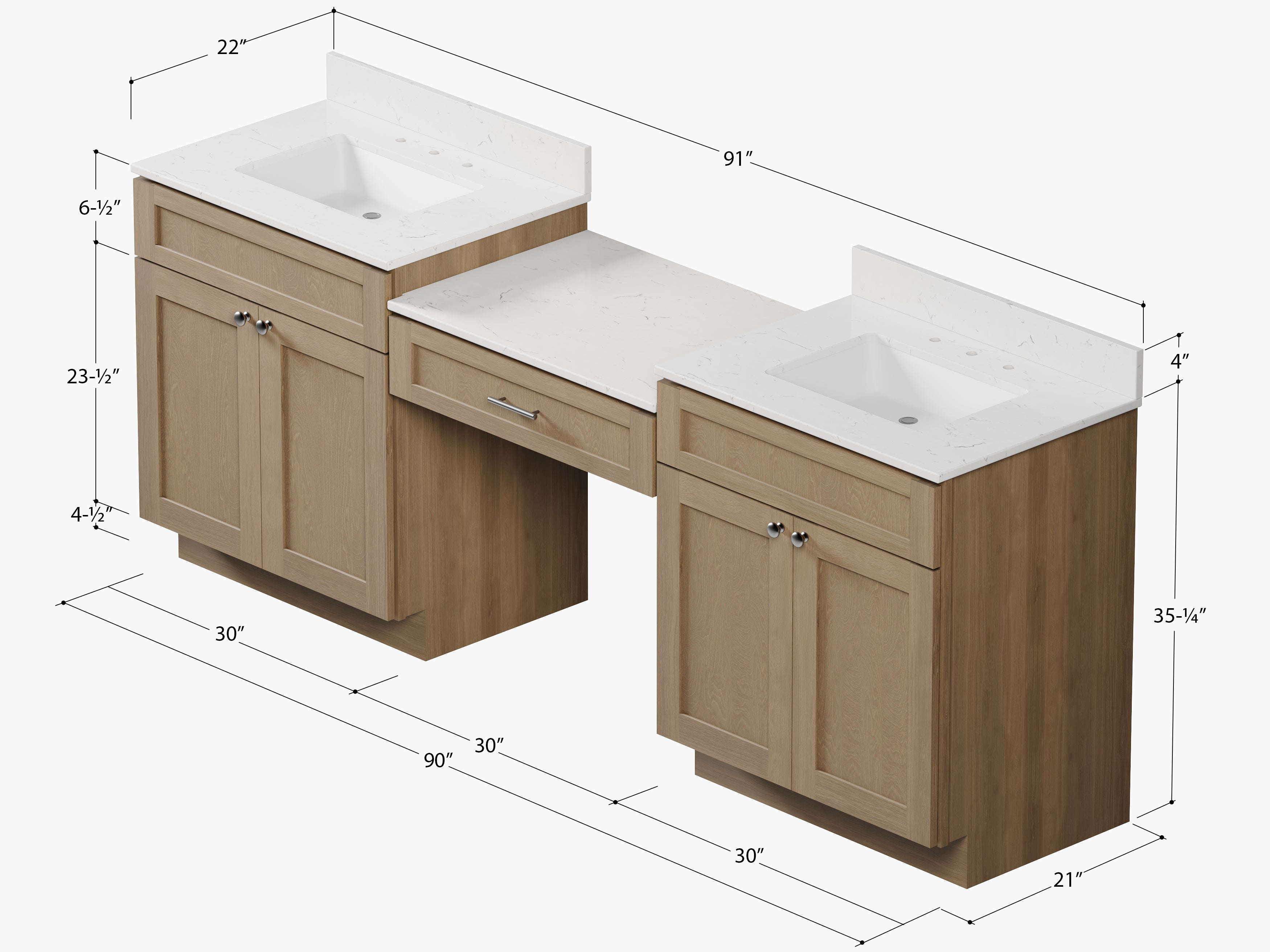 91'' Double Bathroom Vanity Desk  with Quartz Top