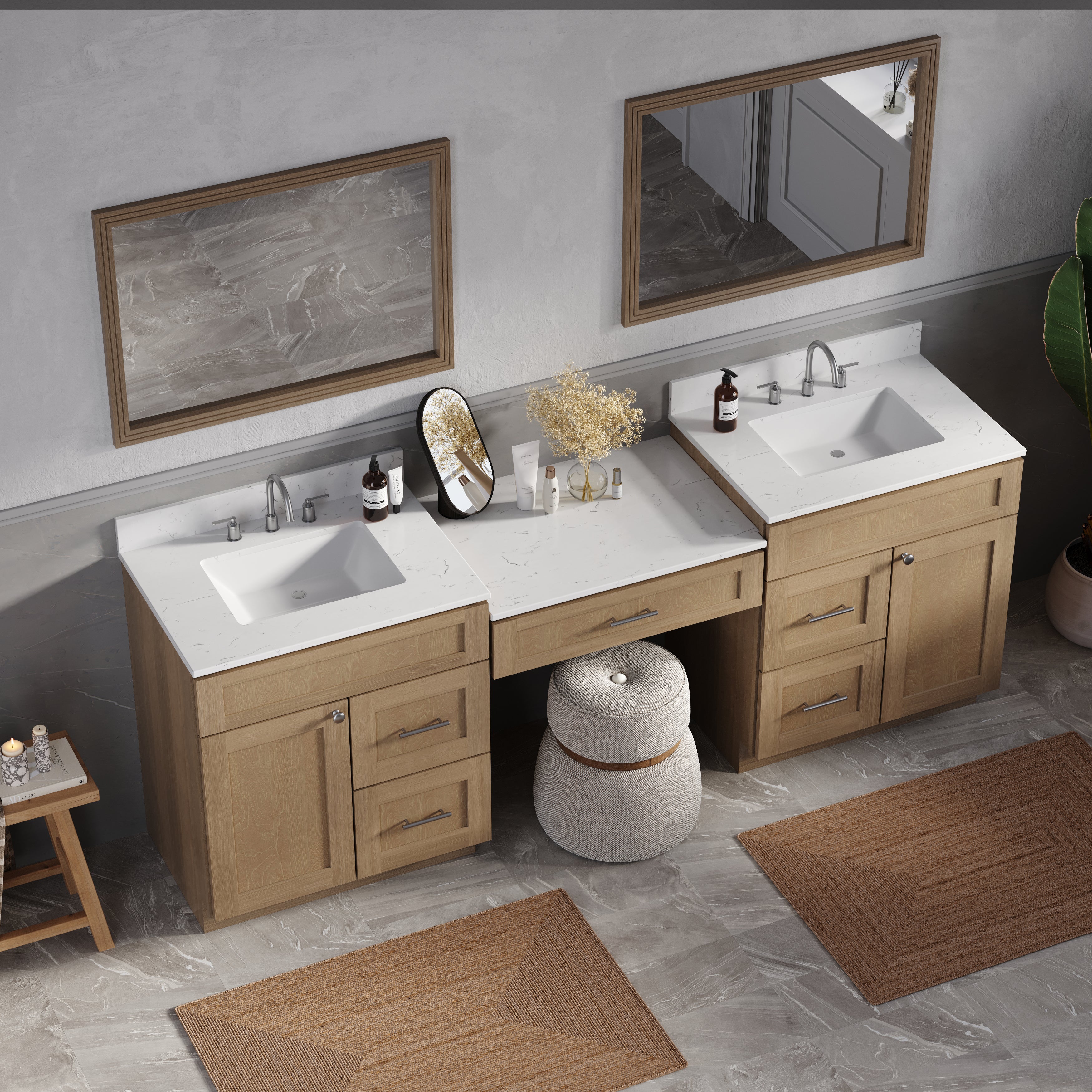 91'' Double Bathroom Vanity Desk  with Quartz Top, 5 Drawers