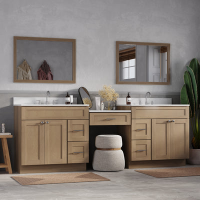 [color:Natural Oak] 96" Double Bathroom Vanity Desk with Quartz Top, 5 Drawers - Natural Oak finish view