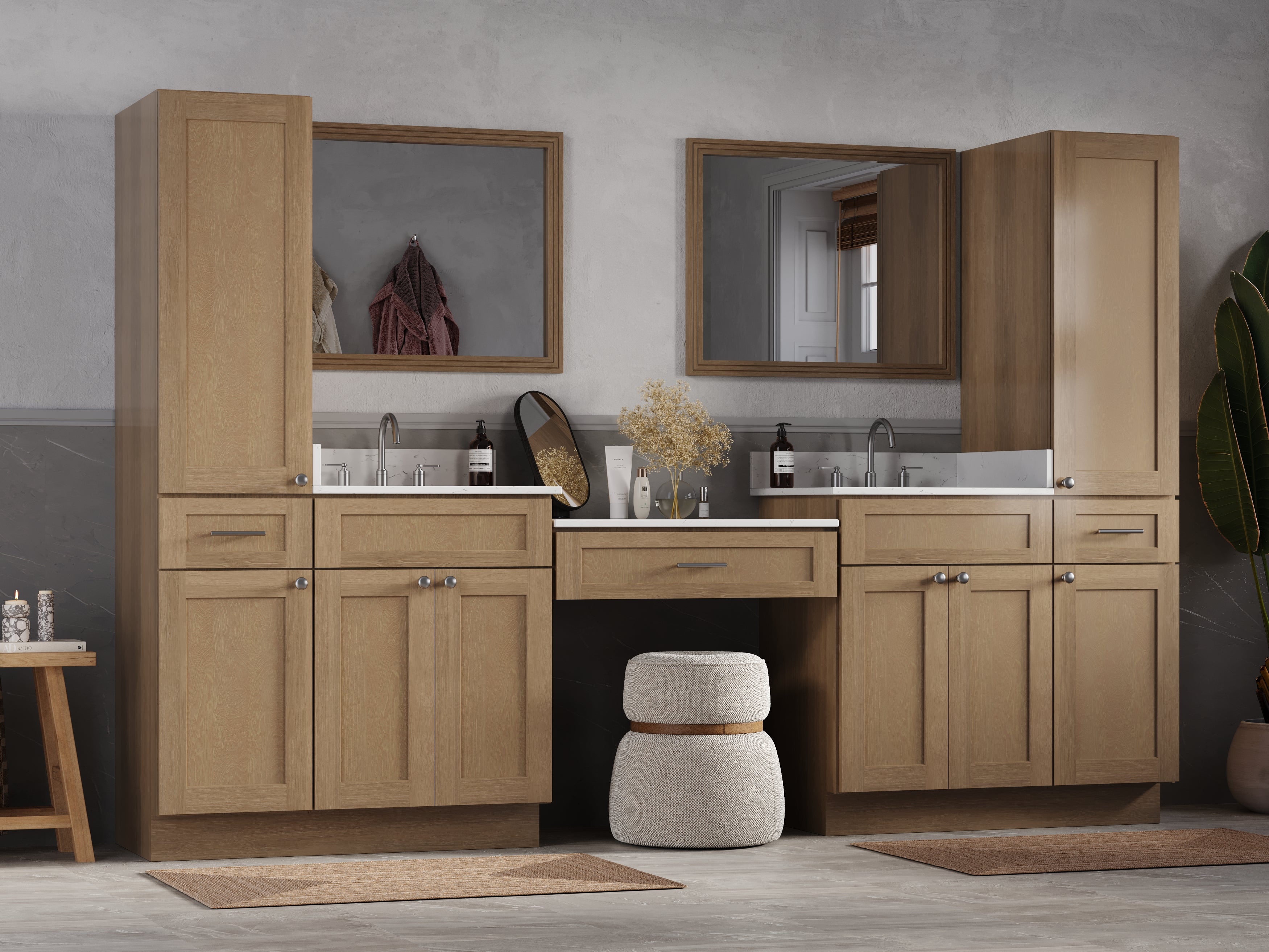 Disar 108'' Double Bathroom Vanity With Desk Linen Tall Cabinet Dovetail Solid Wood Drawer Carrara Quartz Top, Drawer 3