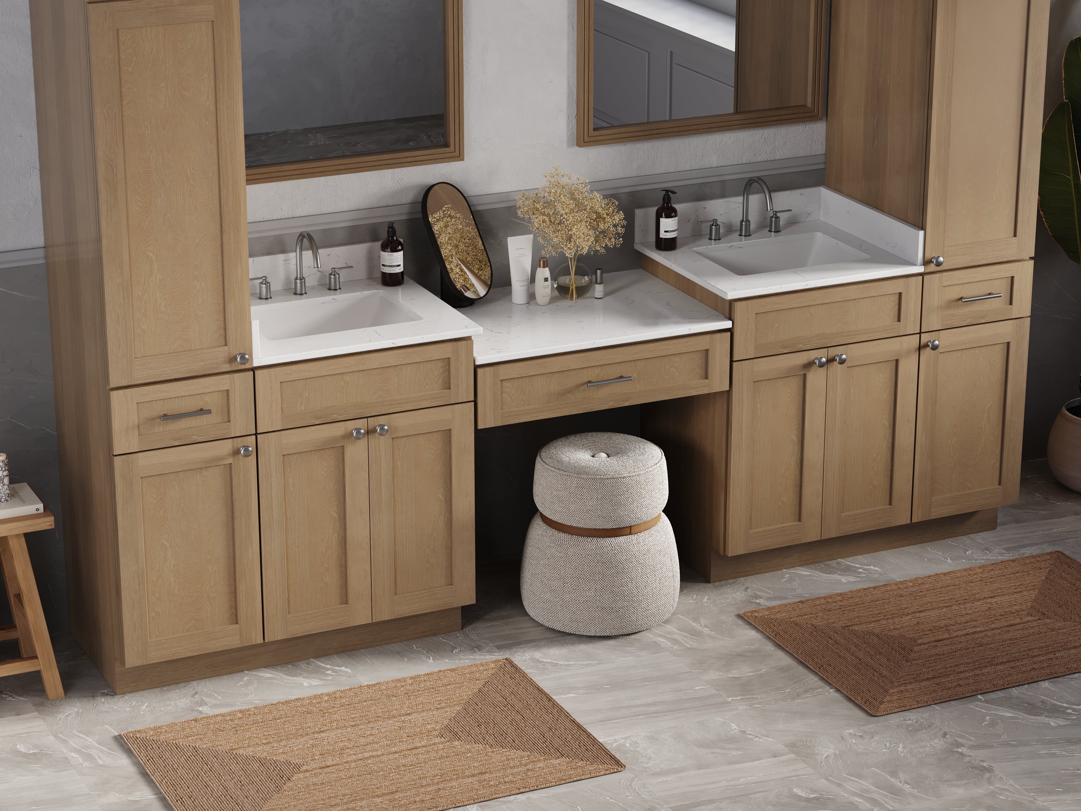 Disar 108'' Double Bathroom Vanity With Desk Linen Tall Cabinet Dovetail Solid Wood Drawer Carrara Quartz Top, Drawer 3