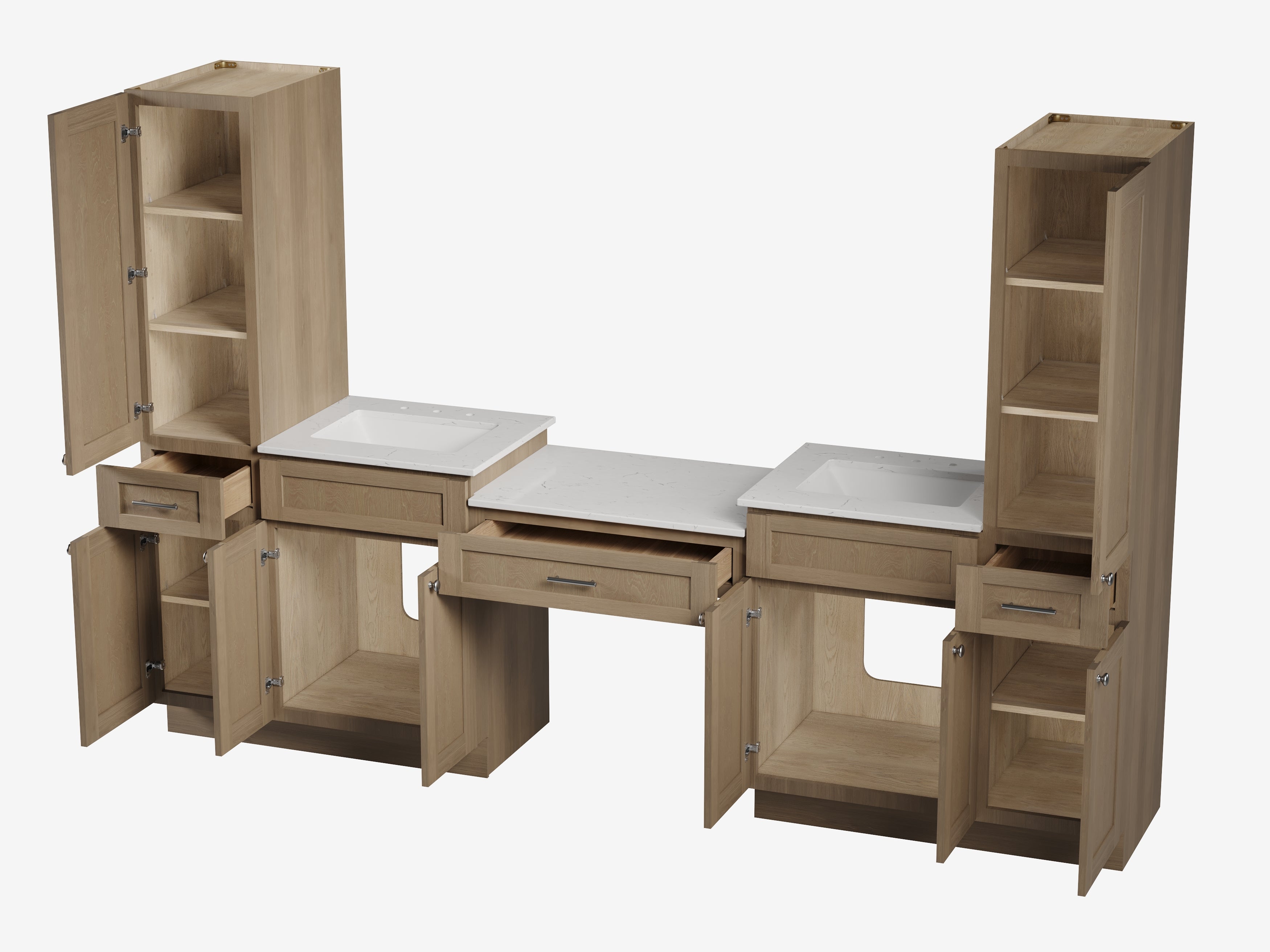 Disar 108'' Double Bathroom Vanity With Desk Linen Tall Cabinet Dovetail Solid Wood Drawer Carrara Quartz Top, Drawer 3