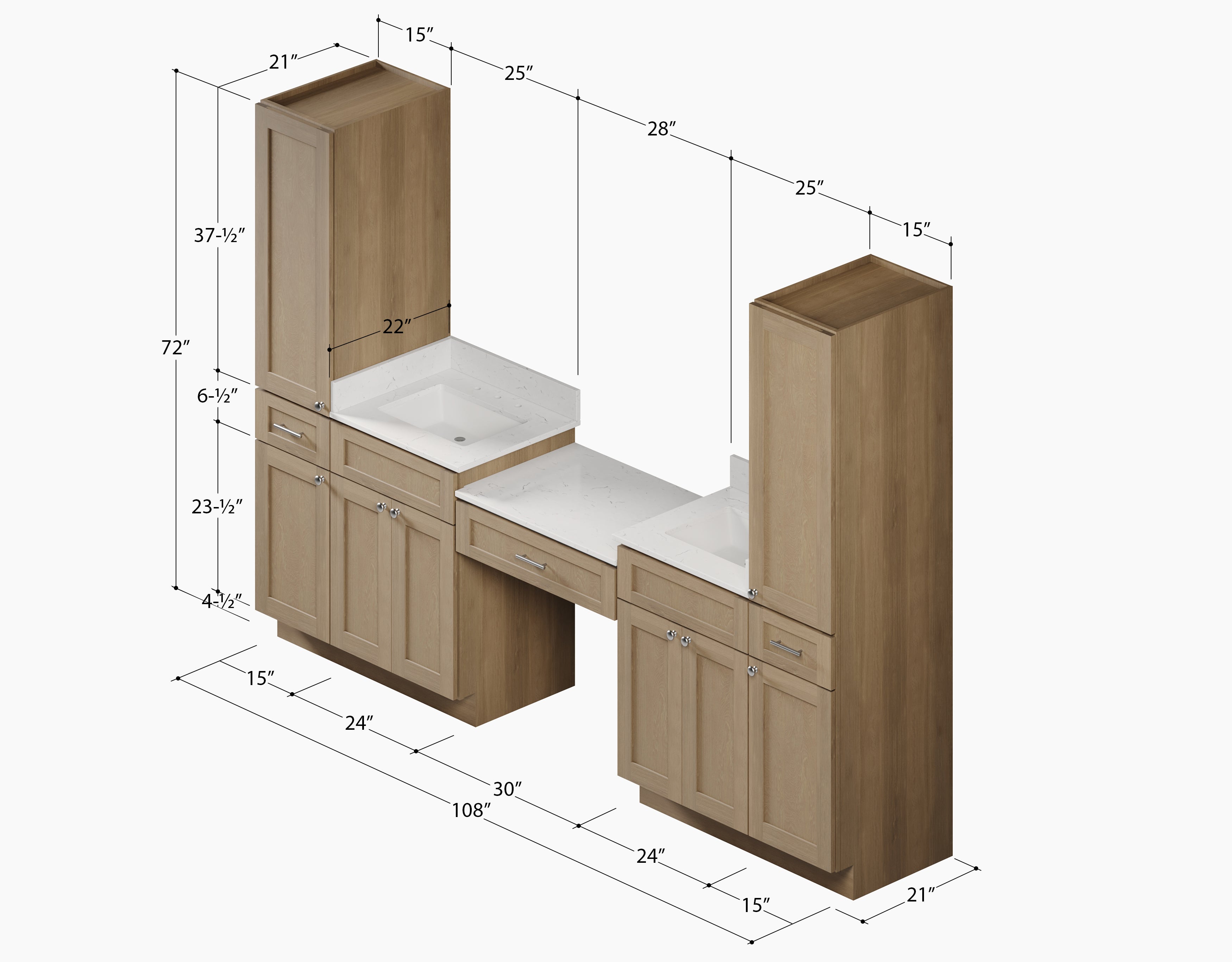 Disar 108'' Double Bathroom Vanity With Desk Linen Tall Cabinet Dovetail Solid Wood Drawer Carrara Quartz Top, Drawer 3