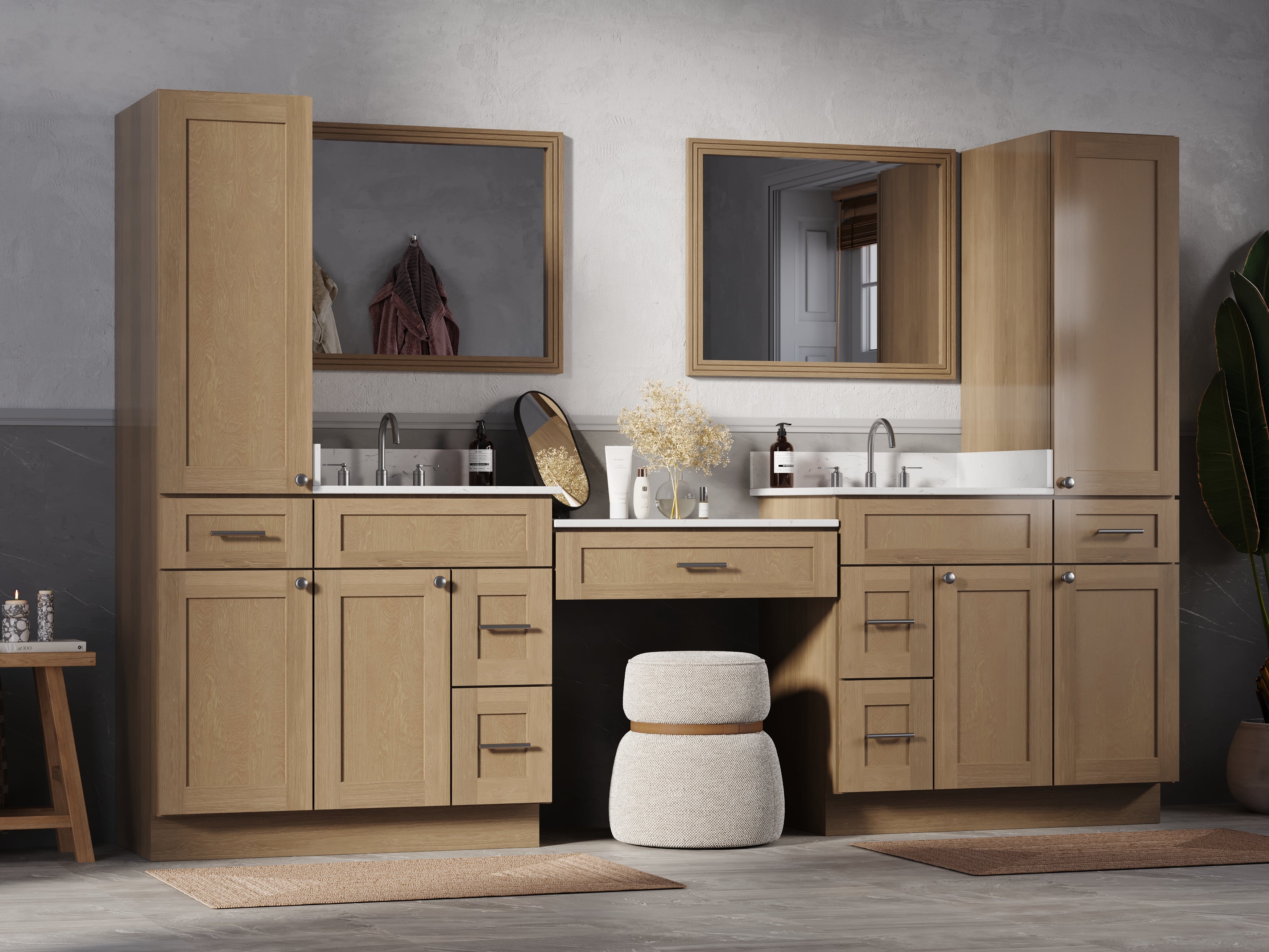 Disar 108'' Double Bathroom Vanity With Desk Linen Tall Cabinet Dovetail Solid Wood Drawer Carrara Quartz Top Drawer 7