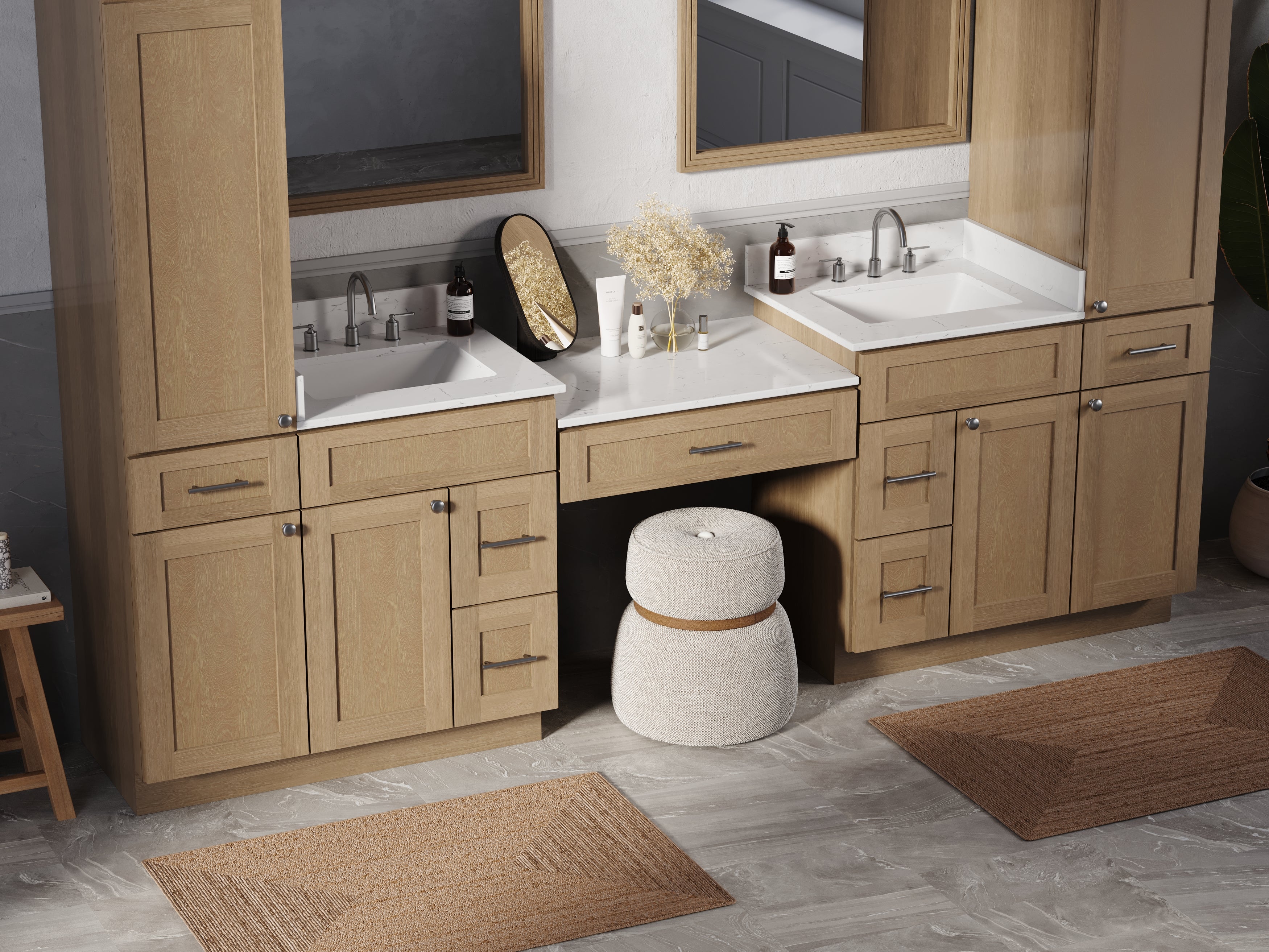 Disar 108'' Double Bathroom Vanity With Desk Linen Tall Cabinet Dovetail Solid Wood Drawer Carrara Quartz Top Drawer 7