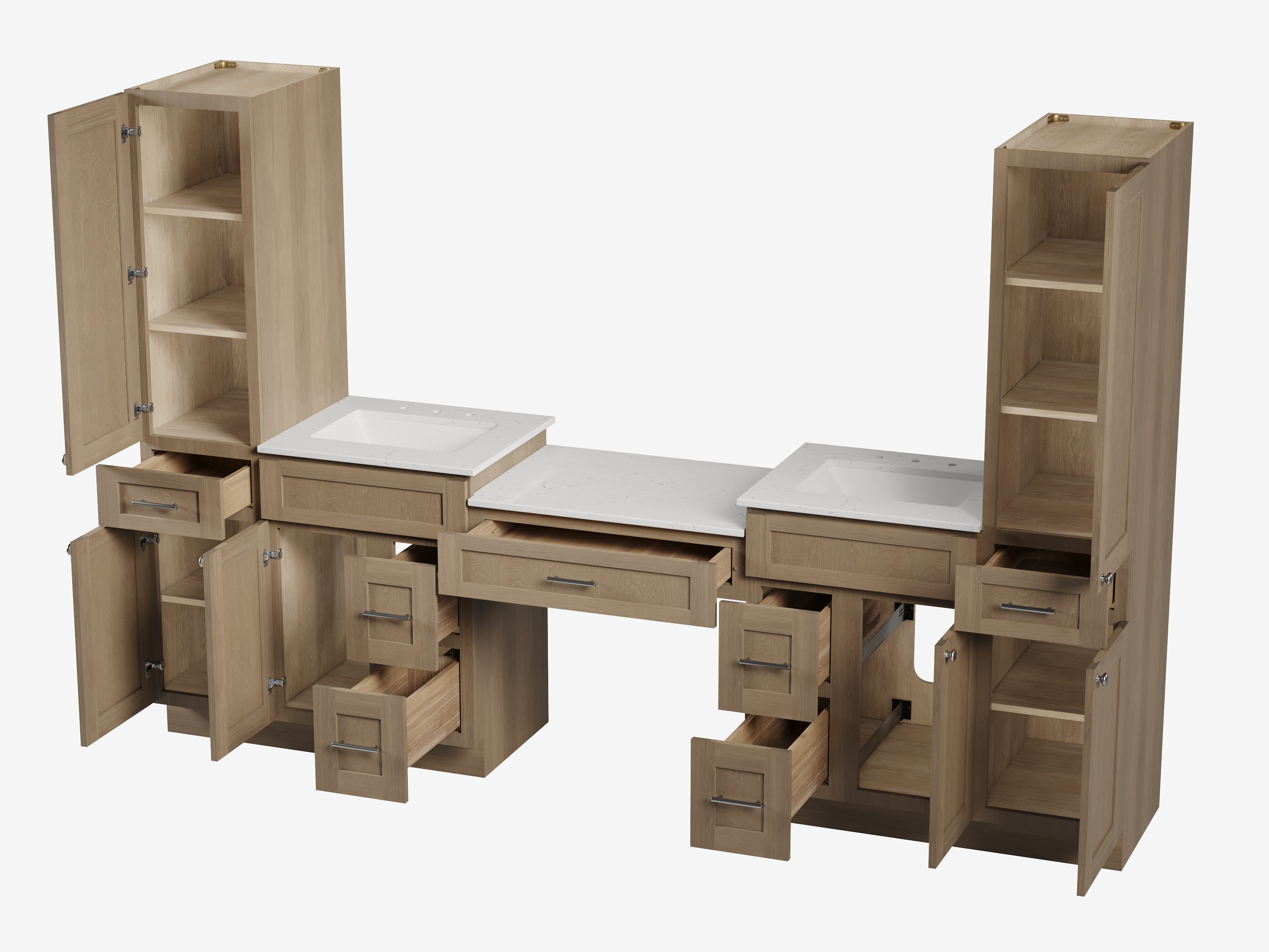 Disar 108'' Double Bathroom Vanity With Desk Linen Tall Cabinet Dovetail Solid Wood Drawer Carrara Quartz Top Drawer 7