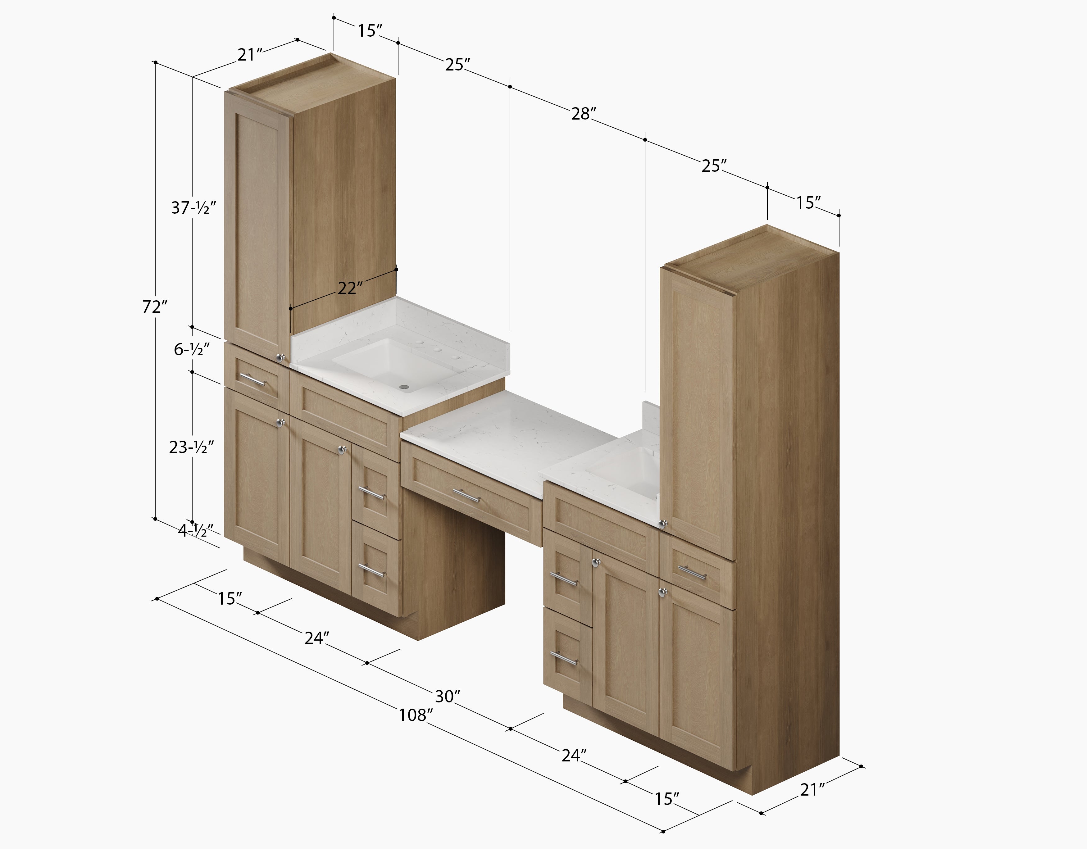 Disar 108'' Double Bathroom Vanity With Desk Linen Tall Cabinet Dovetail Solid Wood Drawer Carrara Quartz Top Drawer 7