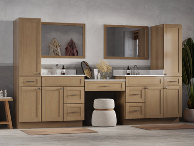 [color:Natural Oak] 120'' Vanity With Desk Linen Tall Cabinet, Quartz Top, Drawer 7 - Natural Oak finish view