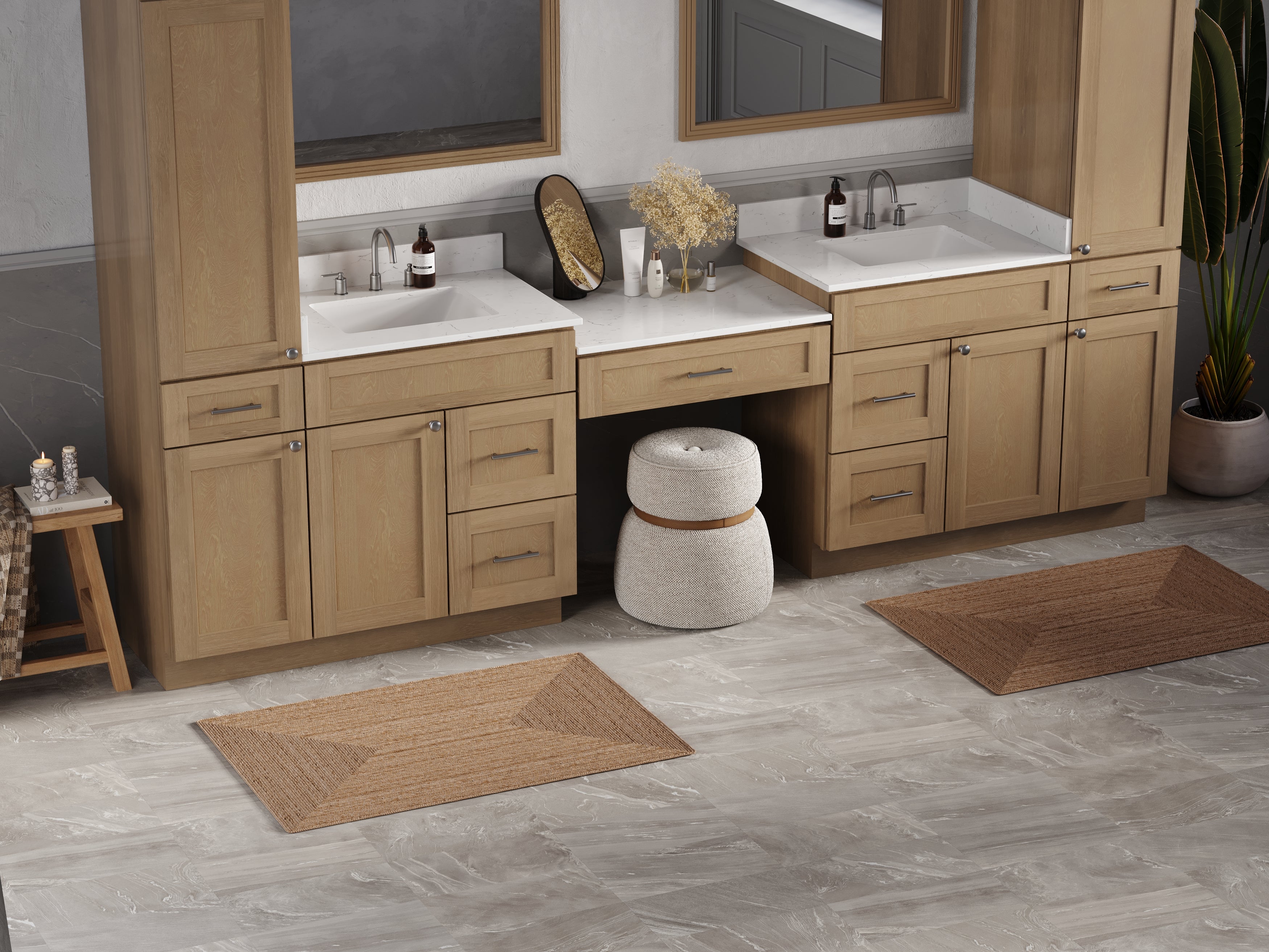 Disar 120'' Double Bathroom Vanity With Desk Linen Tall Cabinet Dovetail Solid Wood Drawer Carrara Quartz Top, Drawer 7