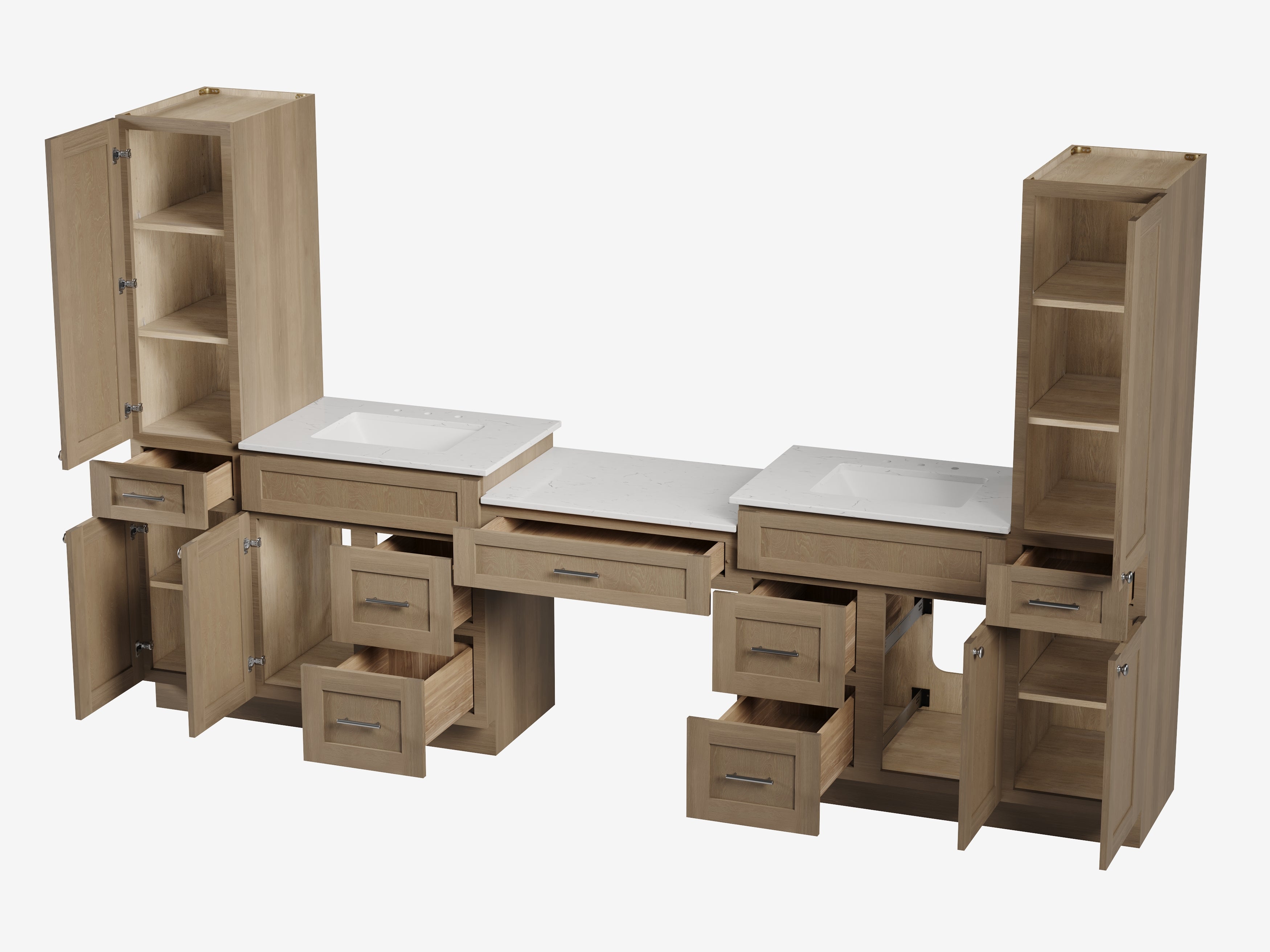 Disar 120'' Double Bathroom Vanity With Desk Linen Tall Cabinet Dovetail Solid Wood Drawer Carrara Quartz Top, Drawer 7