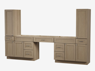 [color:Natural Oak] 120'' Vanity With Tall Linen Cabinet, Base Only, Drawer 7 - Natural Oak finish view