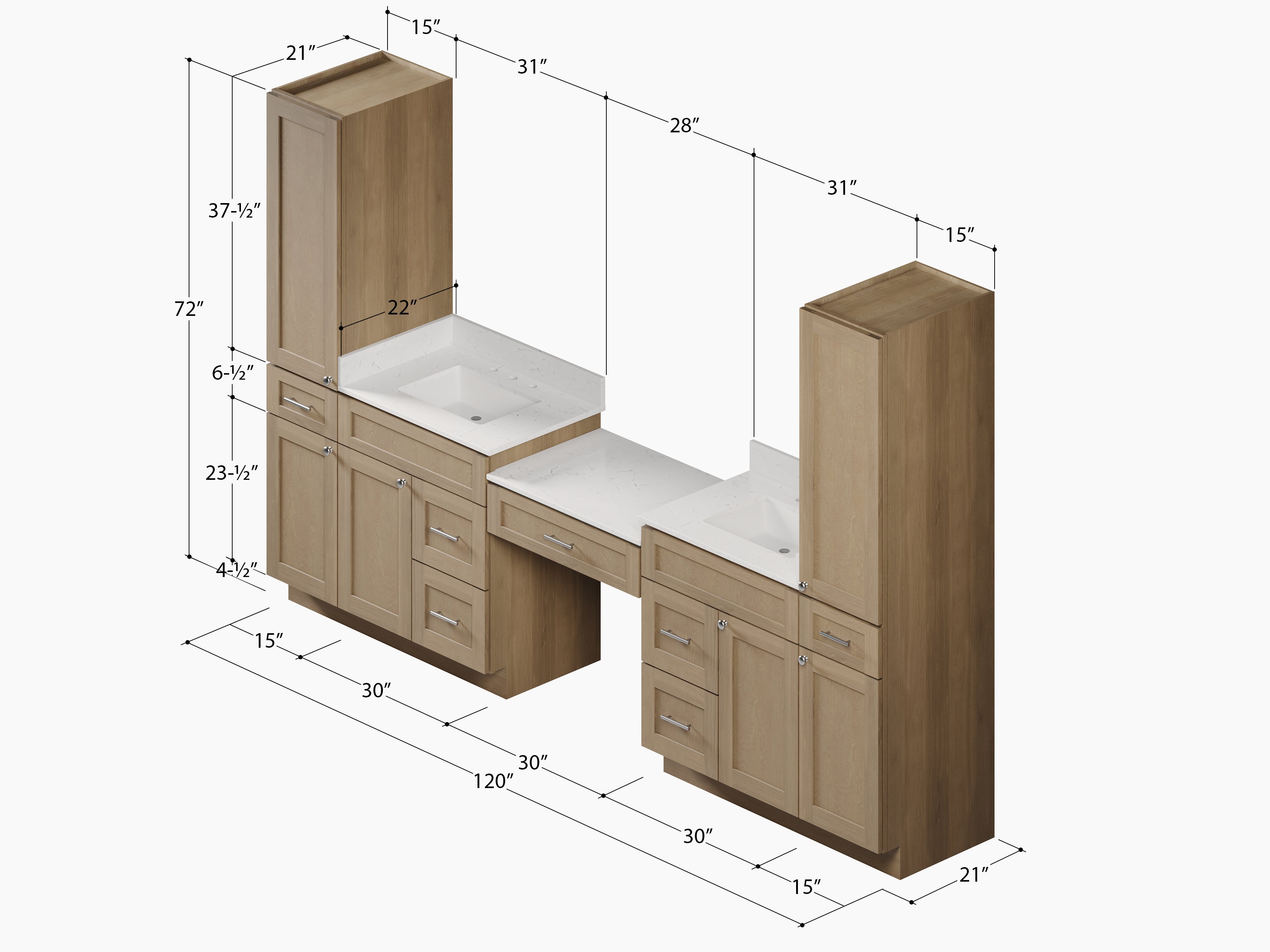 Disar 120'' Double Bathroom Vanity With Desk Linen Tall Cabinet Dovetail Solid Wood Drawer Carrara Quartz Top, Drawer 7