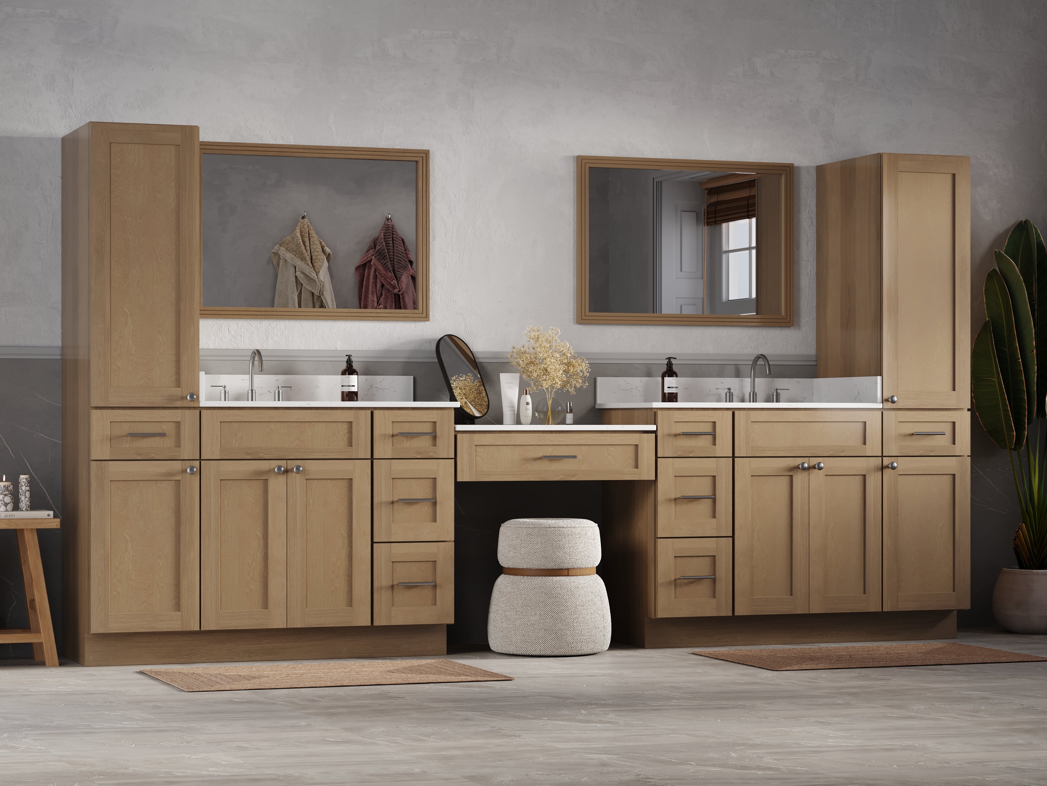 Disar 132'' Double Bathroom Vanity With Desk Linen Tall Cabinet Dovetail Solid Wood Drawer Carrara Quartz Top, Drawer 9