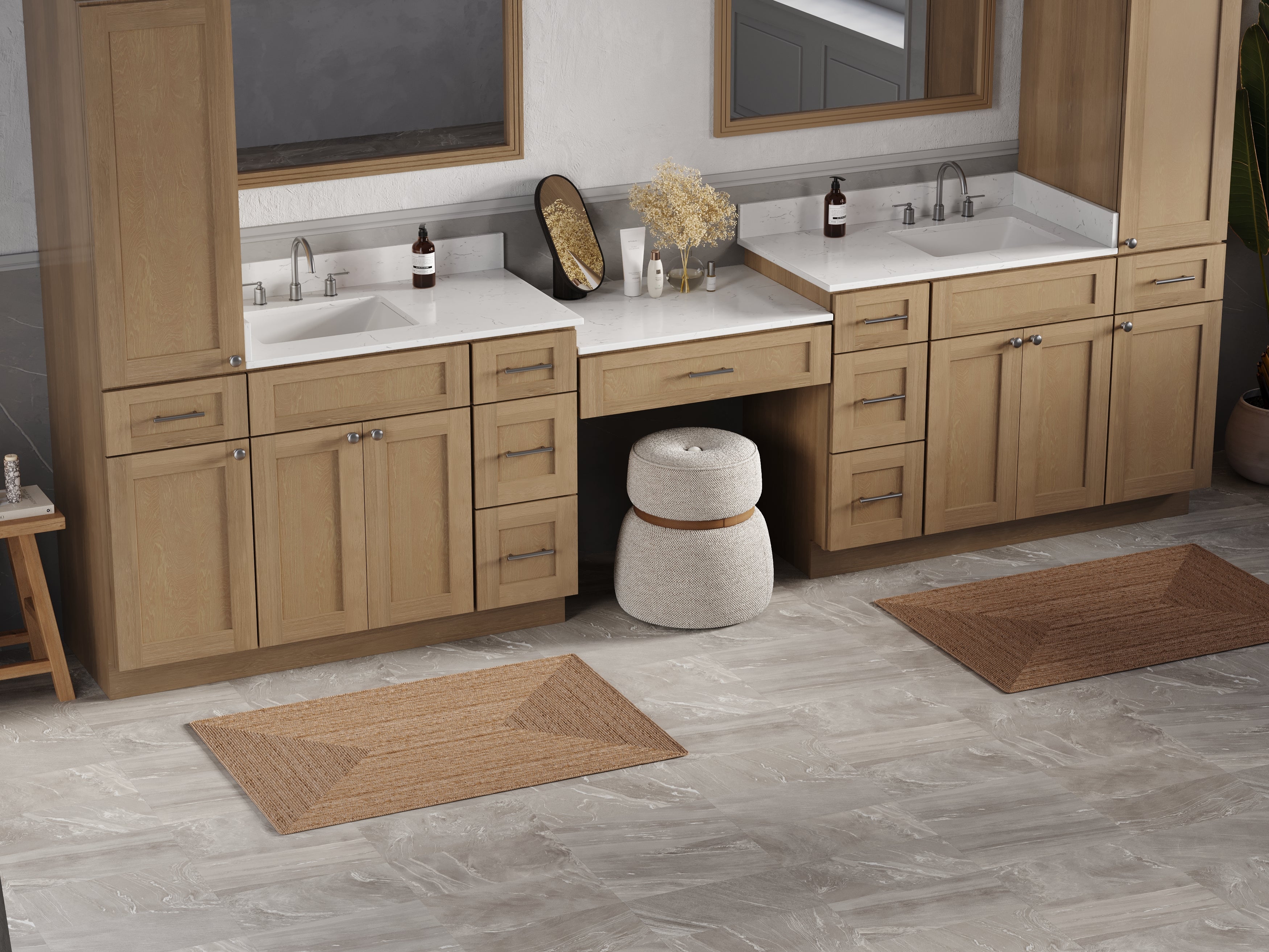 Disar 132'' Double Bathroom Vanity With Desk Linen Tall Cabinet Dovetail Solid Wood Drawer Carrara Quartz Top, Drawer 9