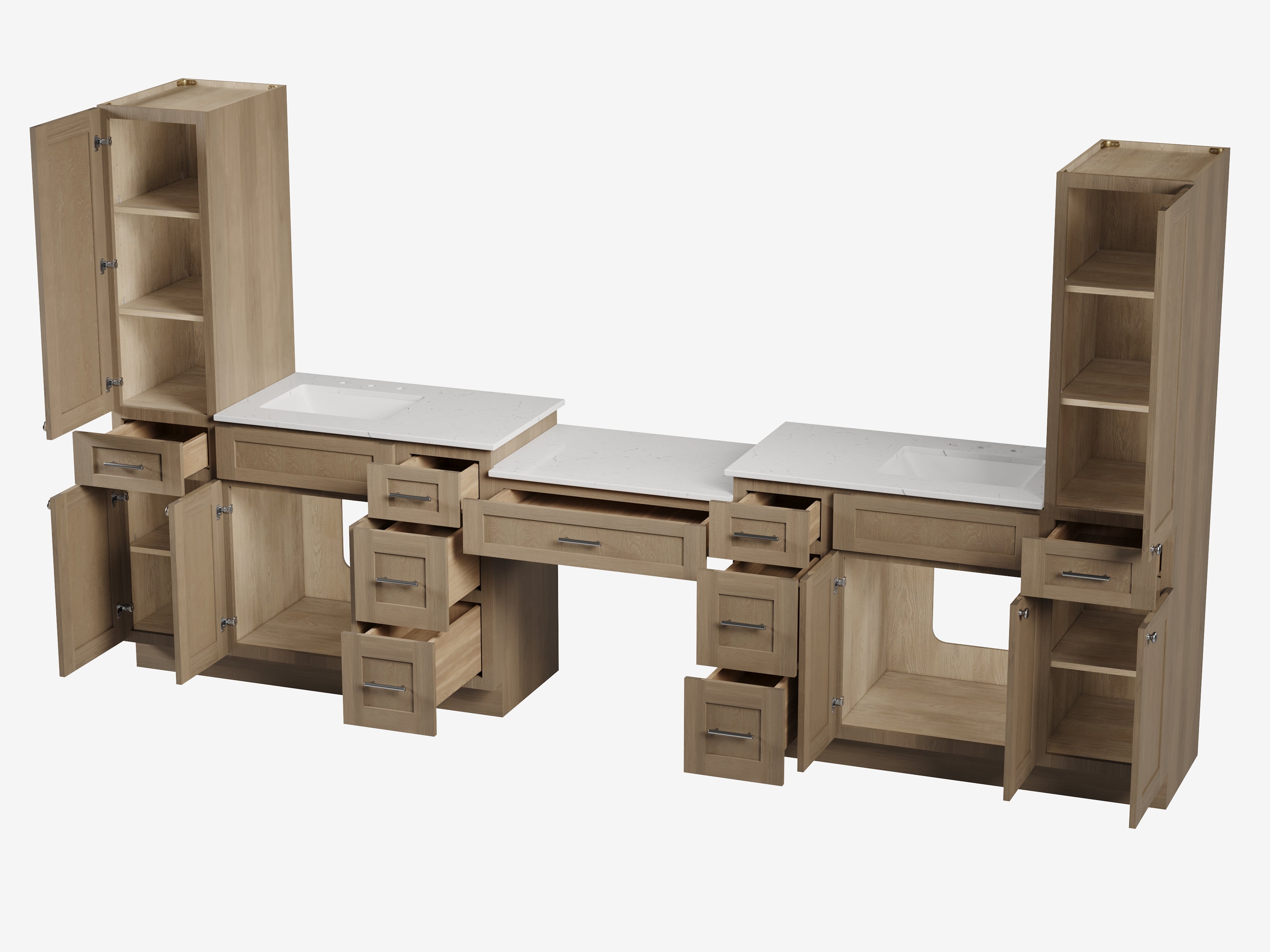 Disar 132'' Double Bathroom Vanity With Desk Linen Tall Cabinet Dovetail Solid Wood Drawer Carrara Quartz Top, Drawer 9