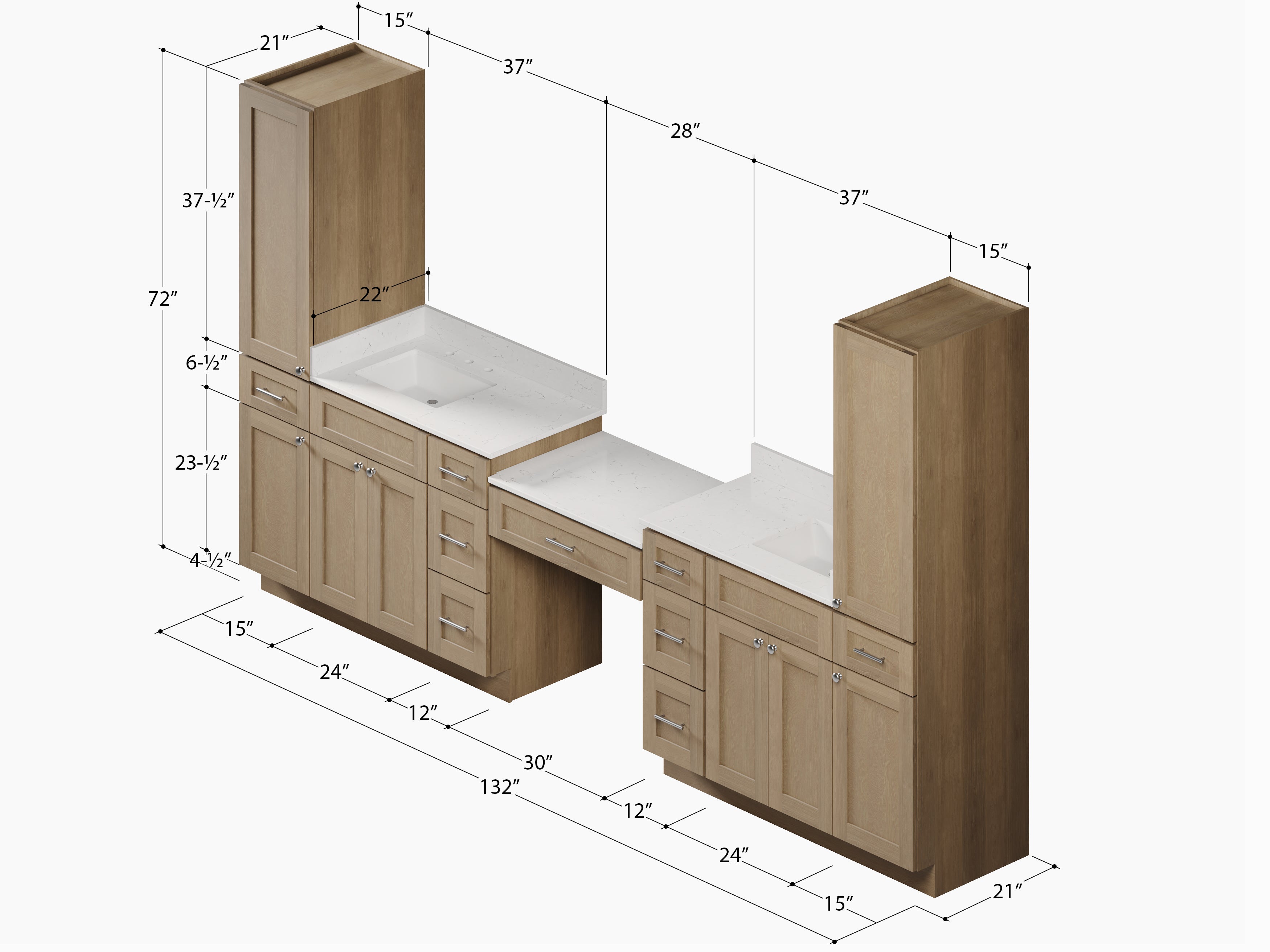 Disar 132'' Double Bathroom Vanity With Desk Linen Tall Cabinet Dovetail Solid Wood Drawer Carrara Quartz Top, Drawer 9