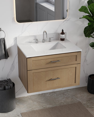 [color:Natural Oak] 30" Floating Wall Mounted Single Bathroom Vanity, Carrara Quartz Top - Natural Oak side view