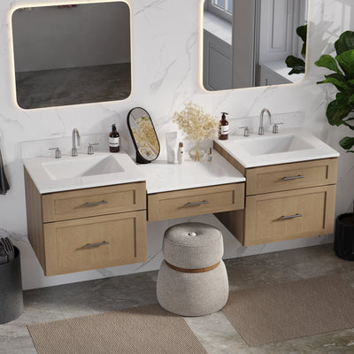 [color:Natural Oak] 72" Floating Wall Mounted Double Bathroom Vanity With Desk, Quartz Top - Natural Oak side view