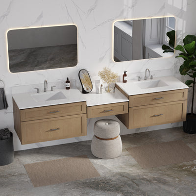 [color:Natural Oak] 96" Floating Wall Mounted Double Bathroom Vanity With Desk, Quartz Top - Natural Oak side view