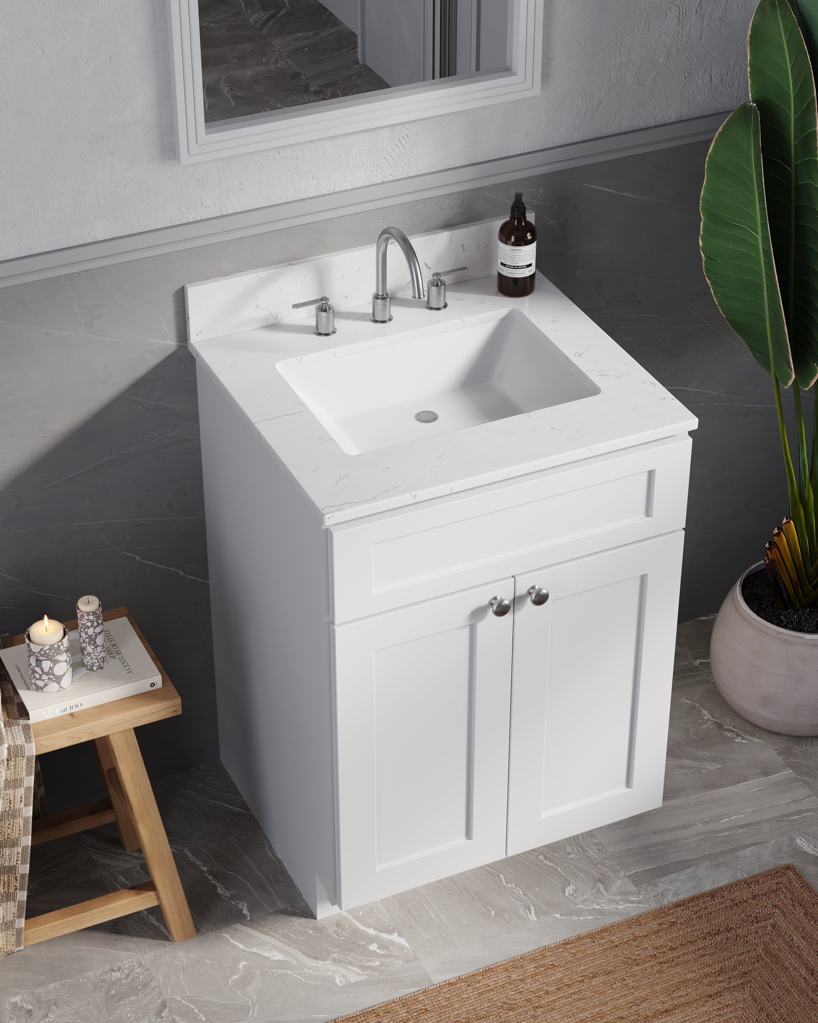 Disar 24" Quartz Top White Bathroom Vanity Single Sink