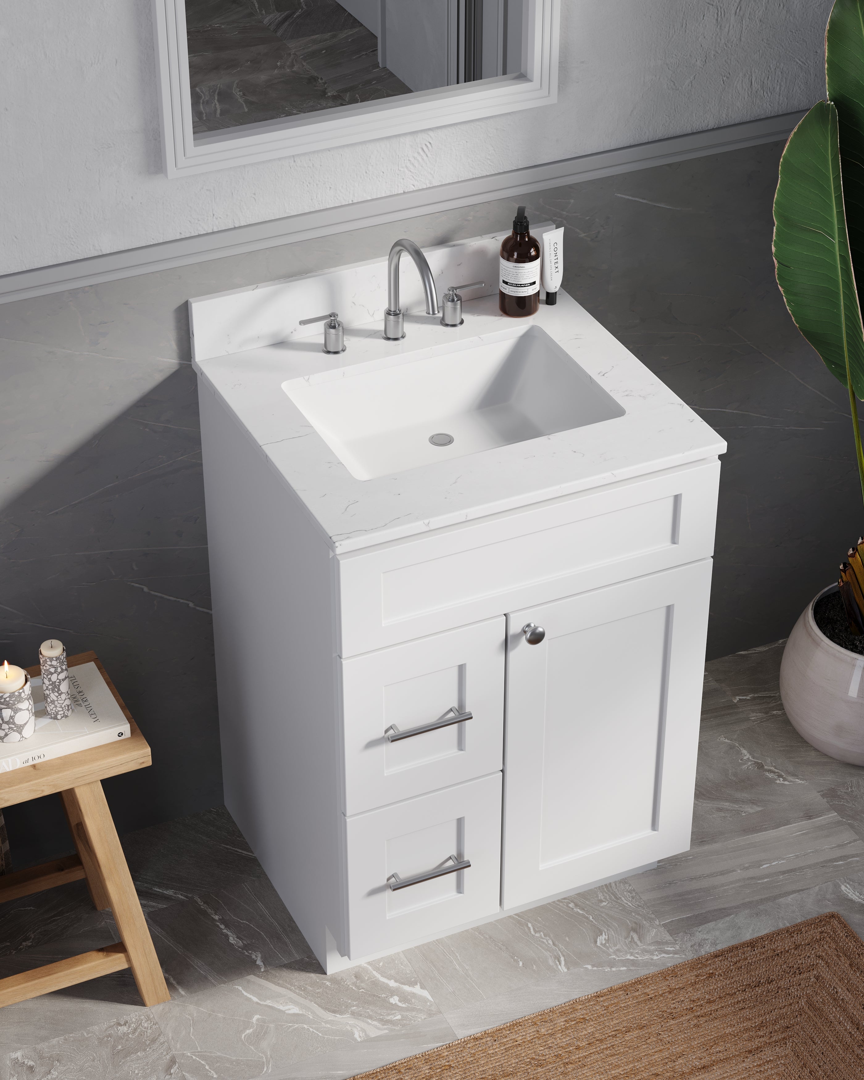 Disar 24" drawer left White Bathroom Vanity Sink with Quartz Top