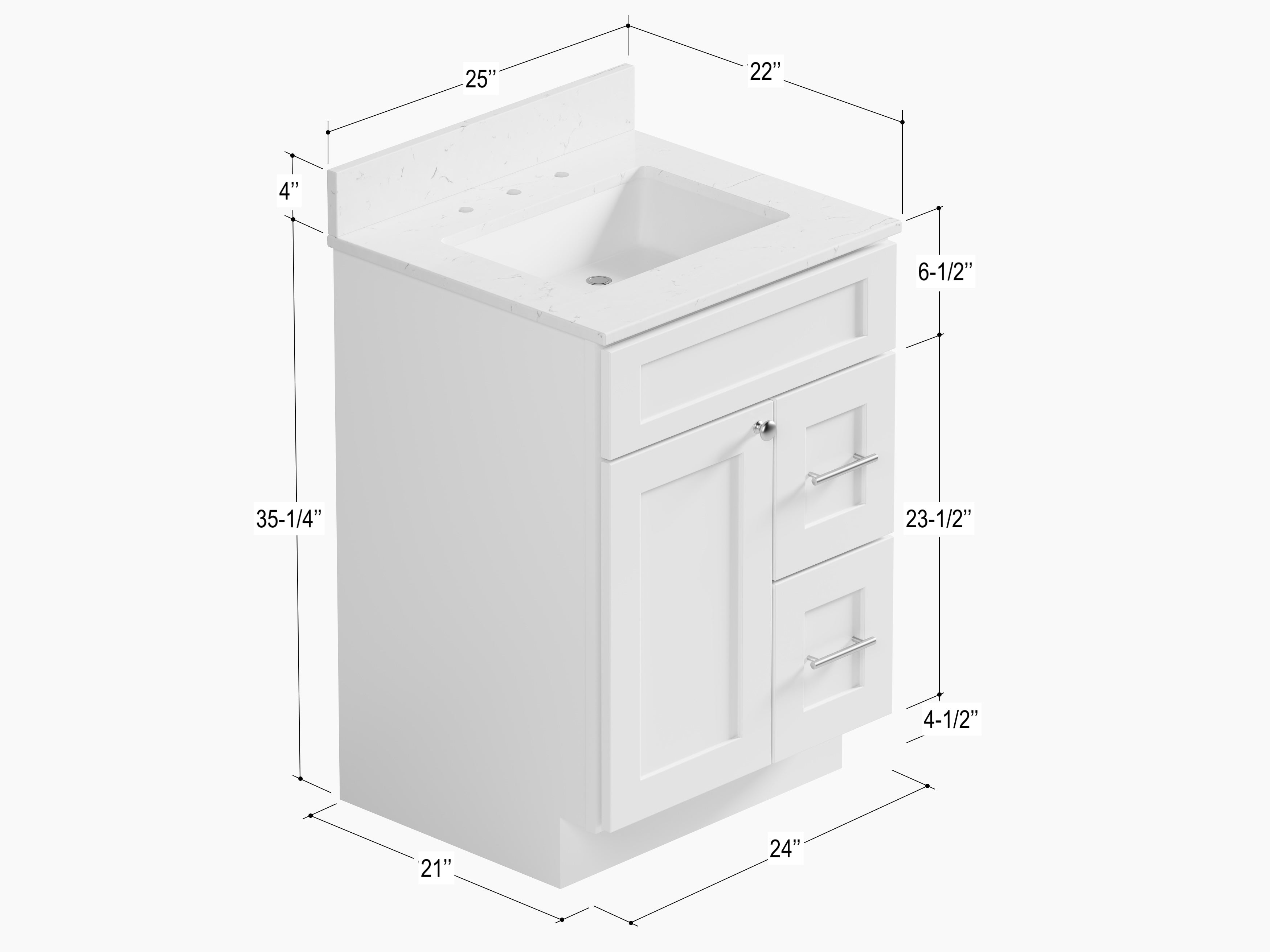 Disar 24" drawer Right White Bathroom Vanity Sink with Quartz Top