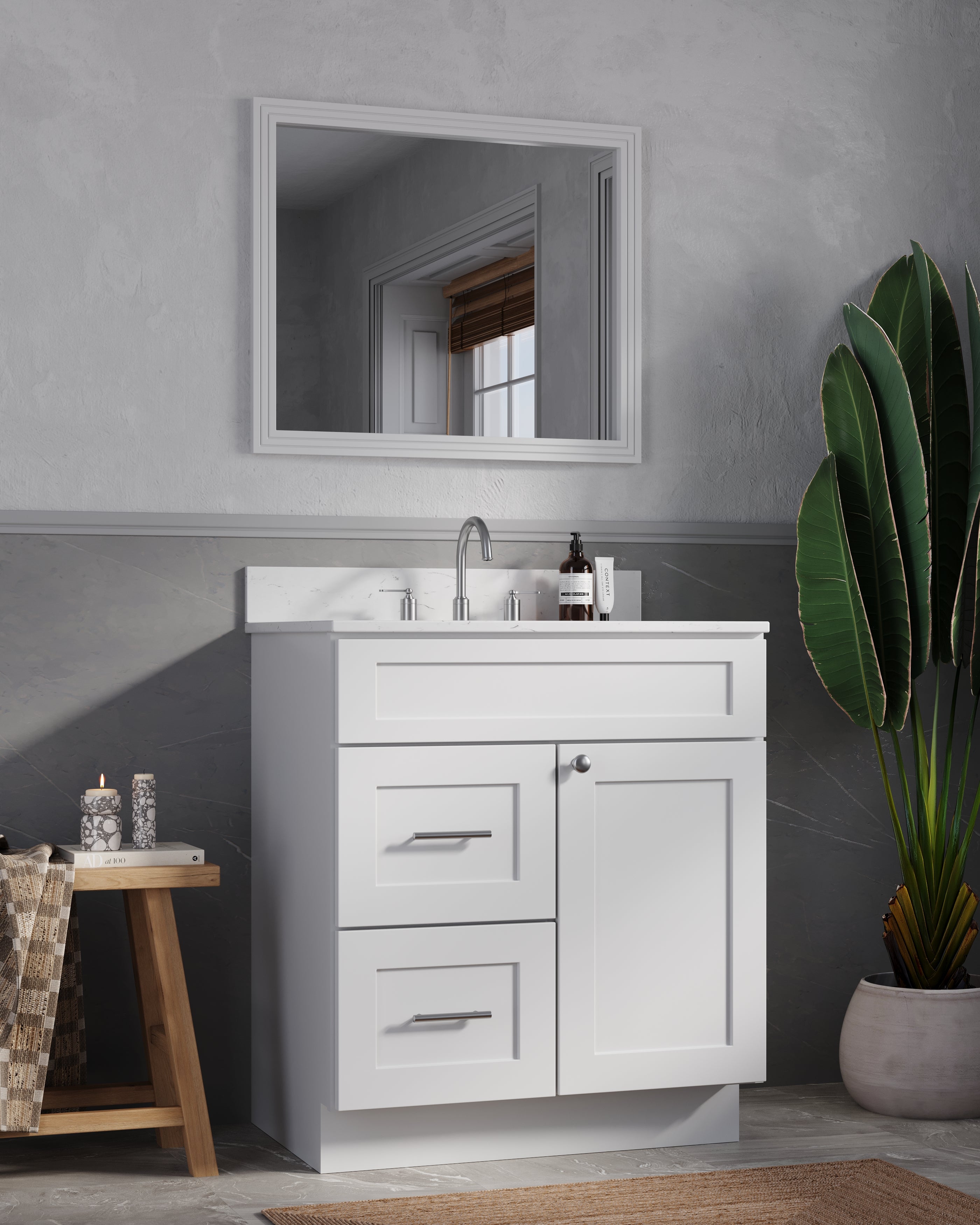 Disar 30" drawer left White Bathroom Vanity Sink with Quartz Top