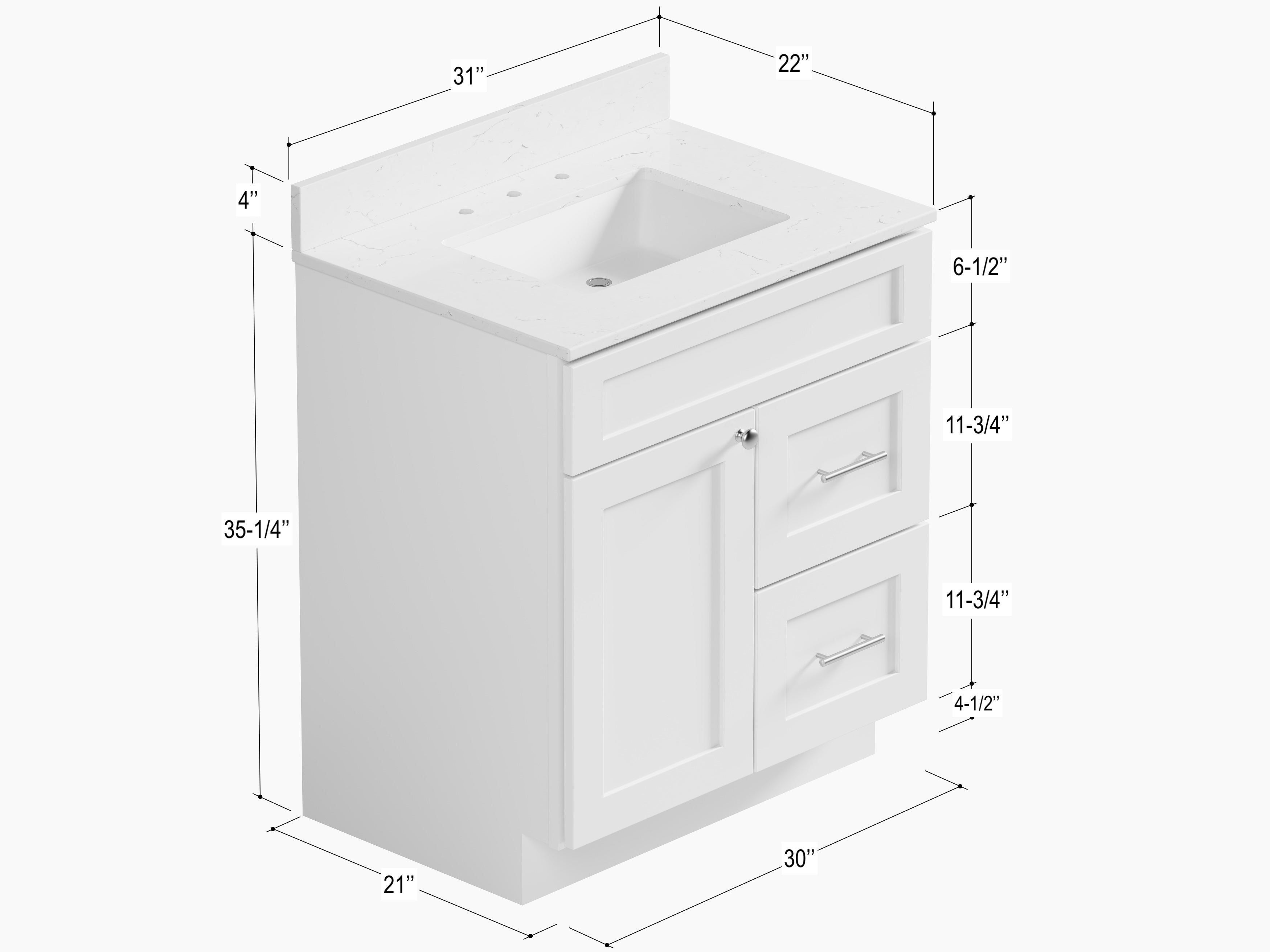 Disar 30 x 21 Inch Drawer Right  Bathroom Vanity White Single Sink