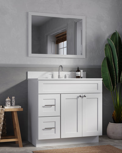 [color:White] 36'' White Bathroom Vanity with Calacatta Quartz Top and Left Drawers - front view