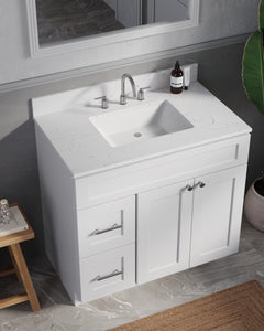 Disar 36'' White Bathroom Vanity with Calacatta Quartz Top and Left Drawers